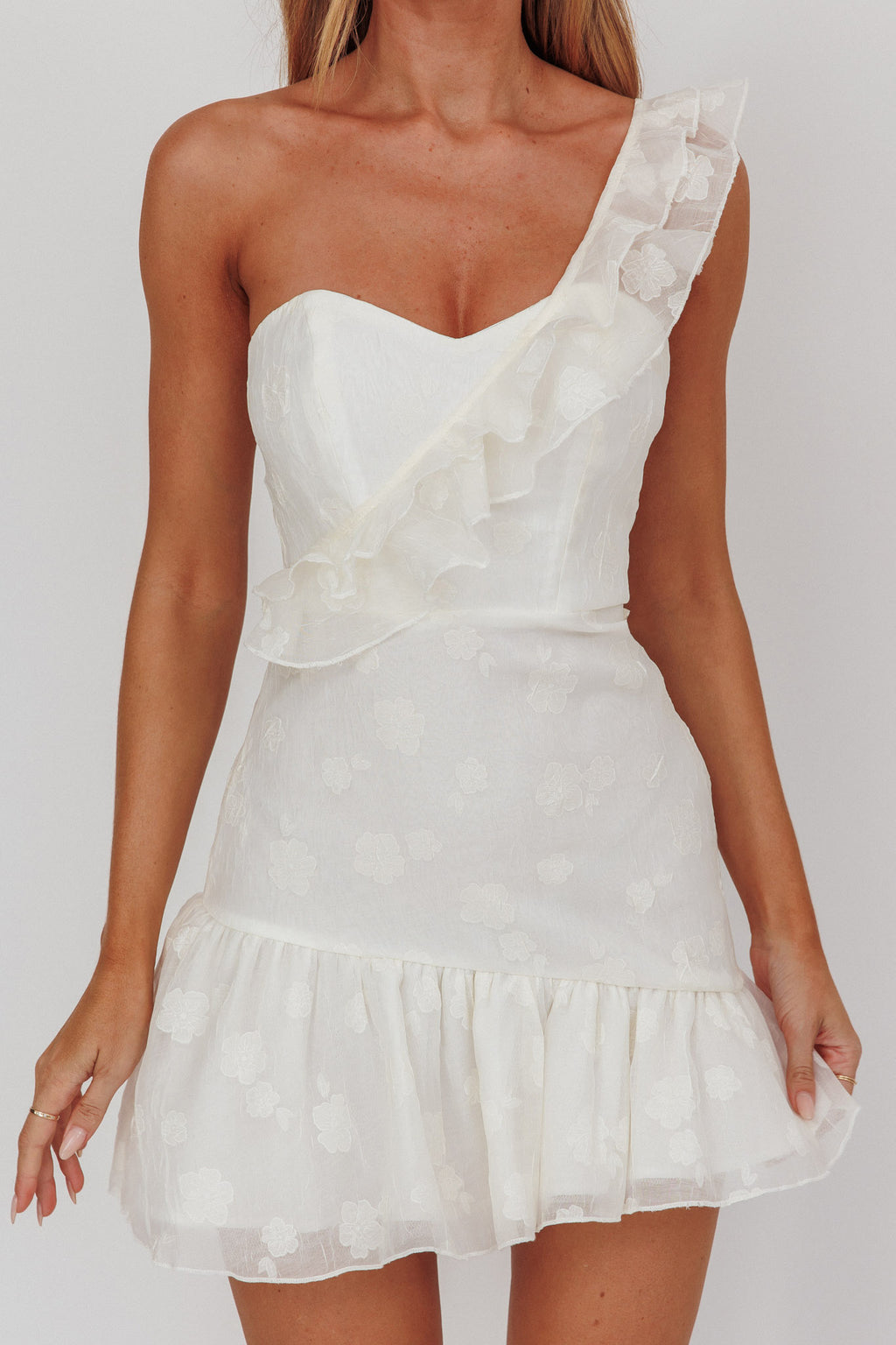 Minka One-Shoulder Ruffle Mini Dress Off White by Selfie Leslie