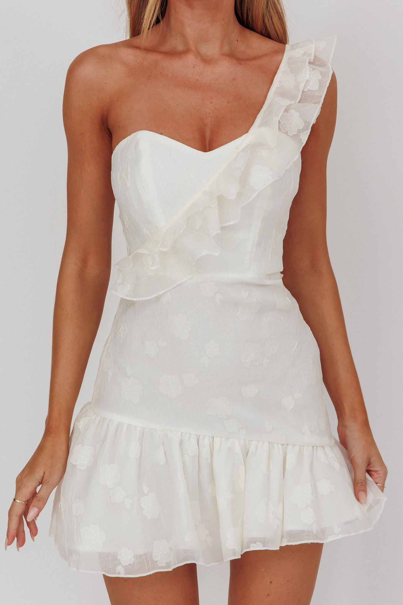 Minka One-Shoulder Ruffle Mini Dress Off White by Selfie Leslie