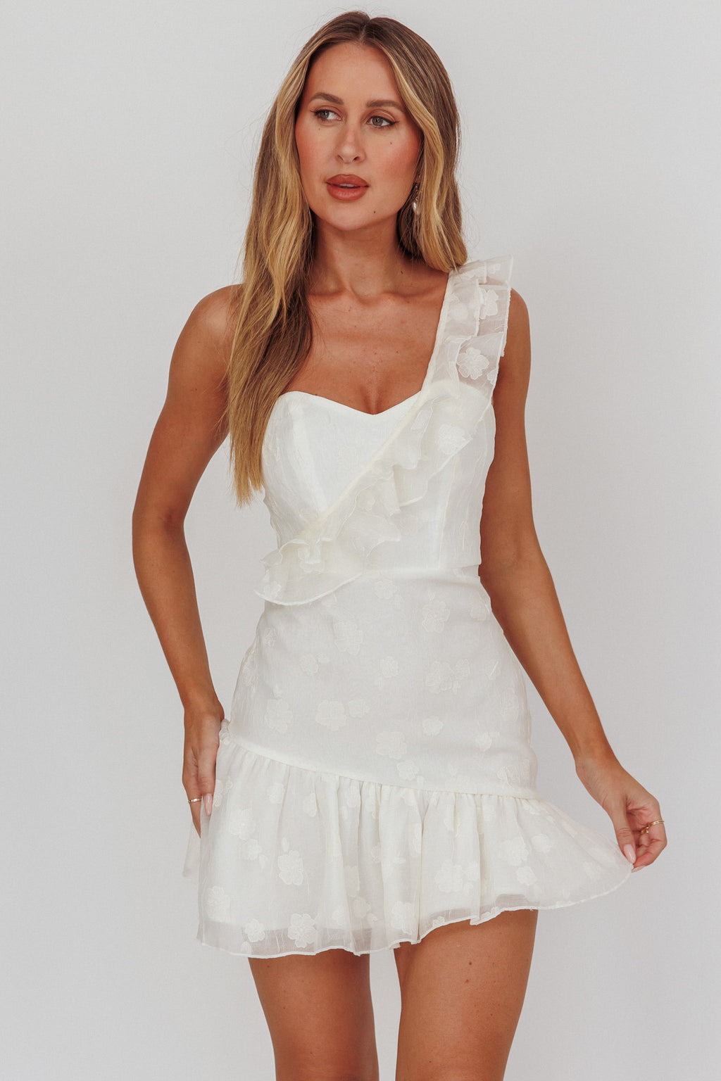 Minka One-Shoulder Ruffle Mini Dress Off White by Selfie Leslie
