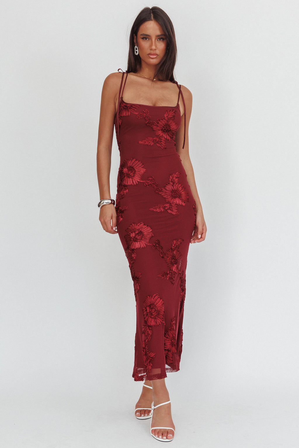 Kaela Tied Shoulder Maxi Dress Embellished Wine by Selfie Leslie