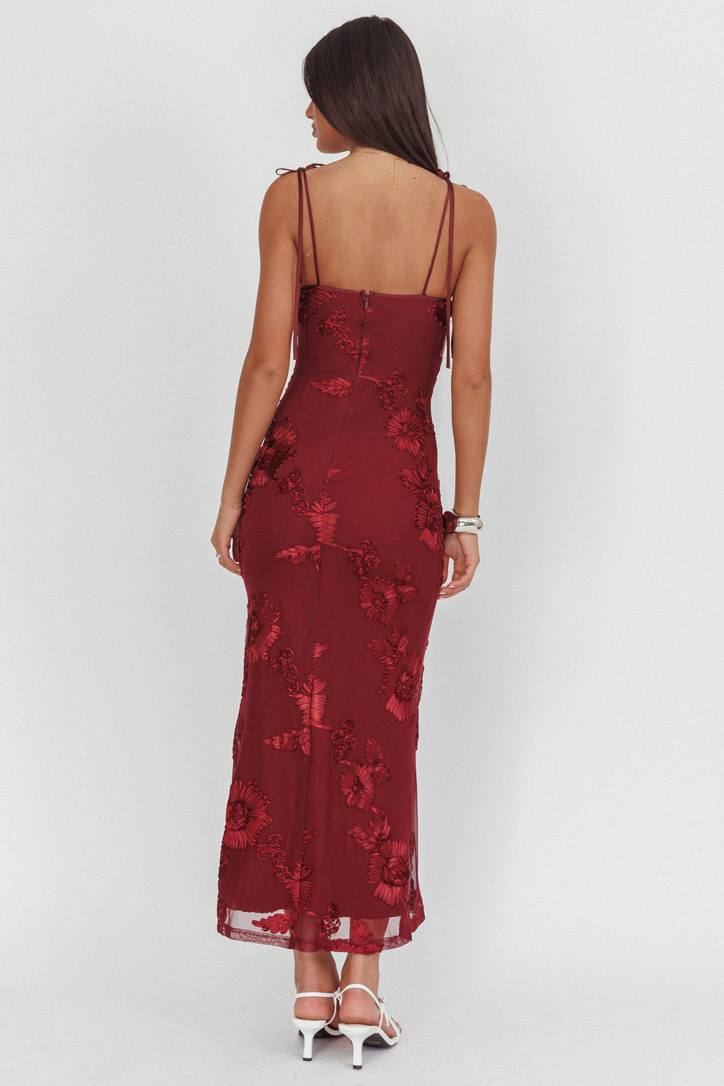 Kaela Tied Shoulder Maxi Dress Embellished Wine by Selfie Leslie