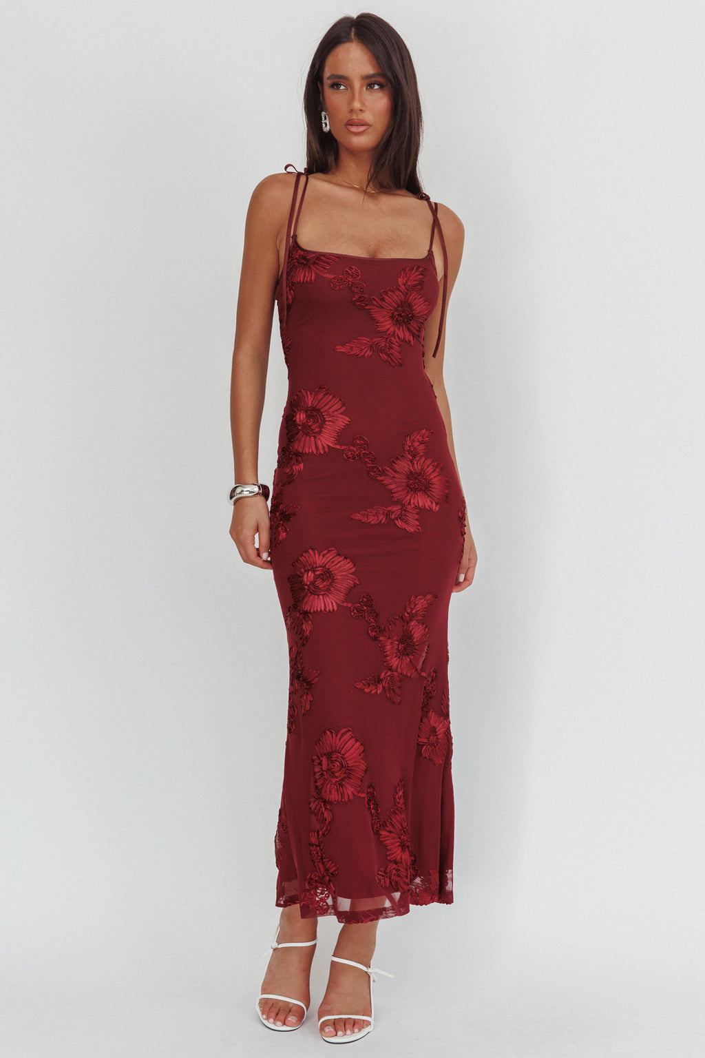 Kaela Tied Shoulder Maxi Dress Embellished Wine by Selfie Leslie