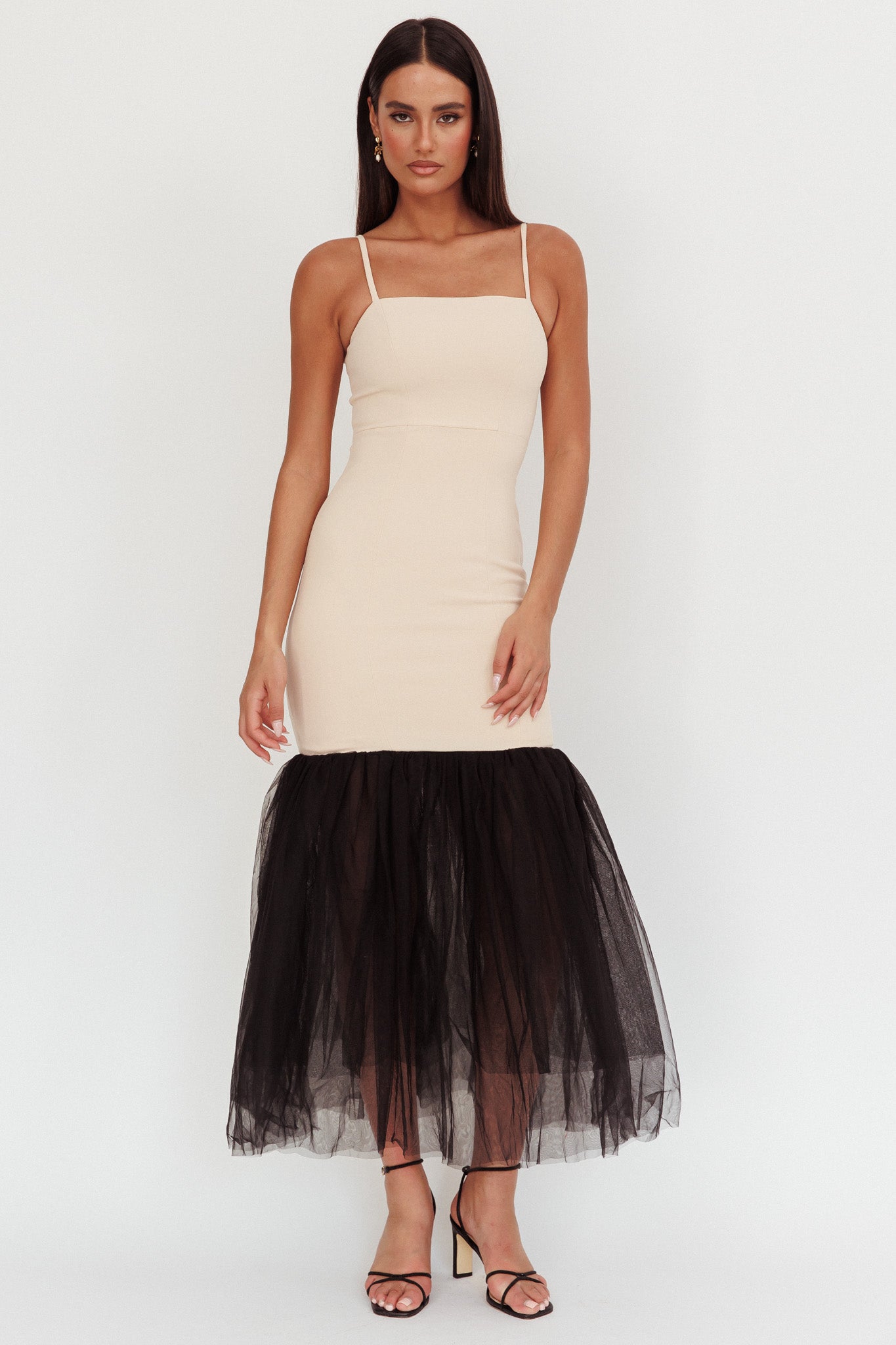 Tomie Tulle Hem Maxi Dress Beige Combo by Selfie Leslie