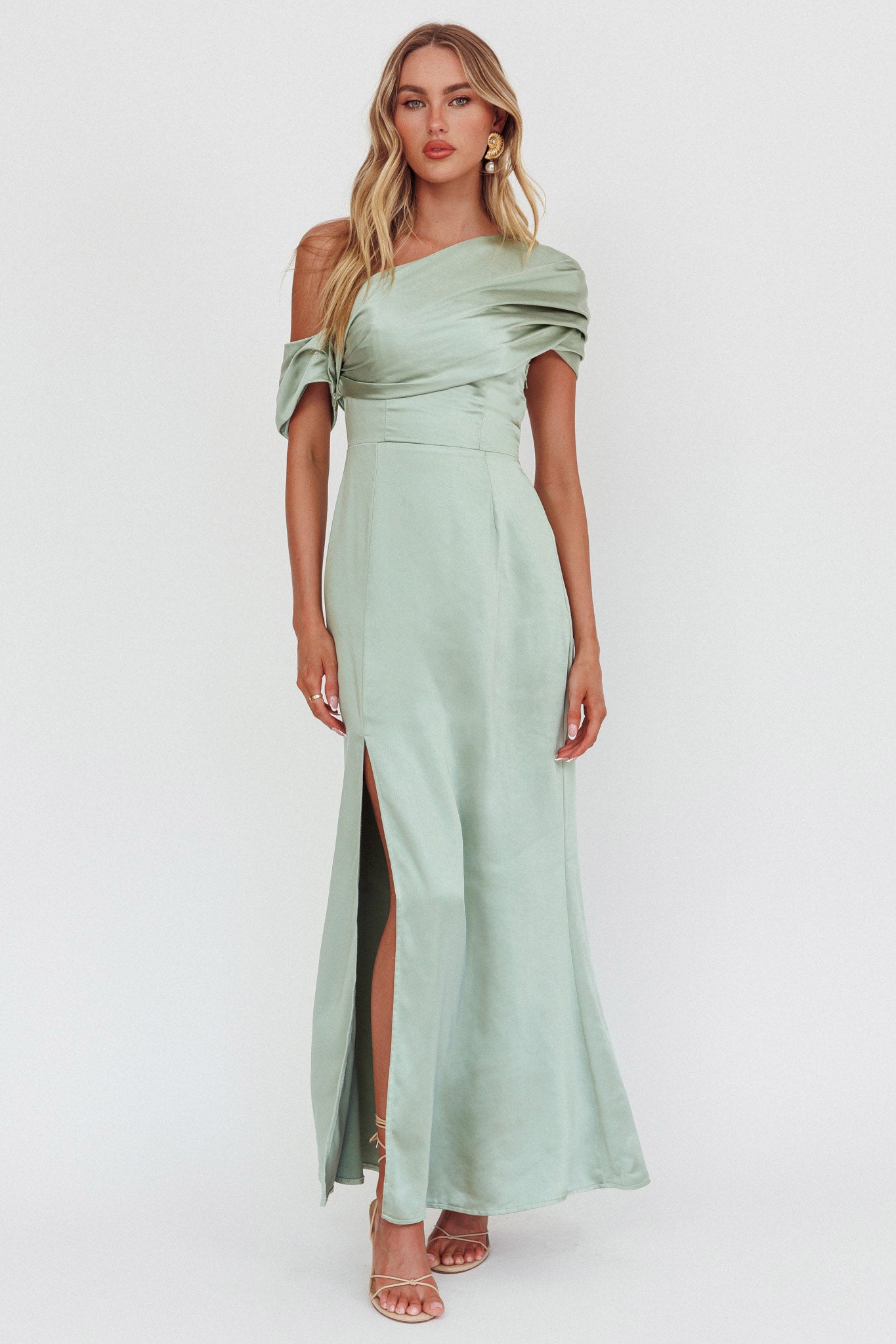 Bellissima Asymmetric Shoulder Maxi Dress Sage by Selfie Leslie