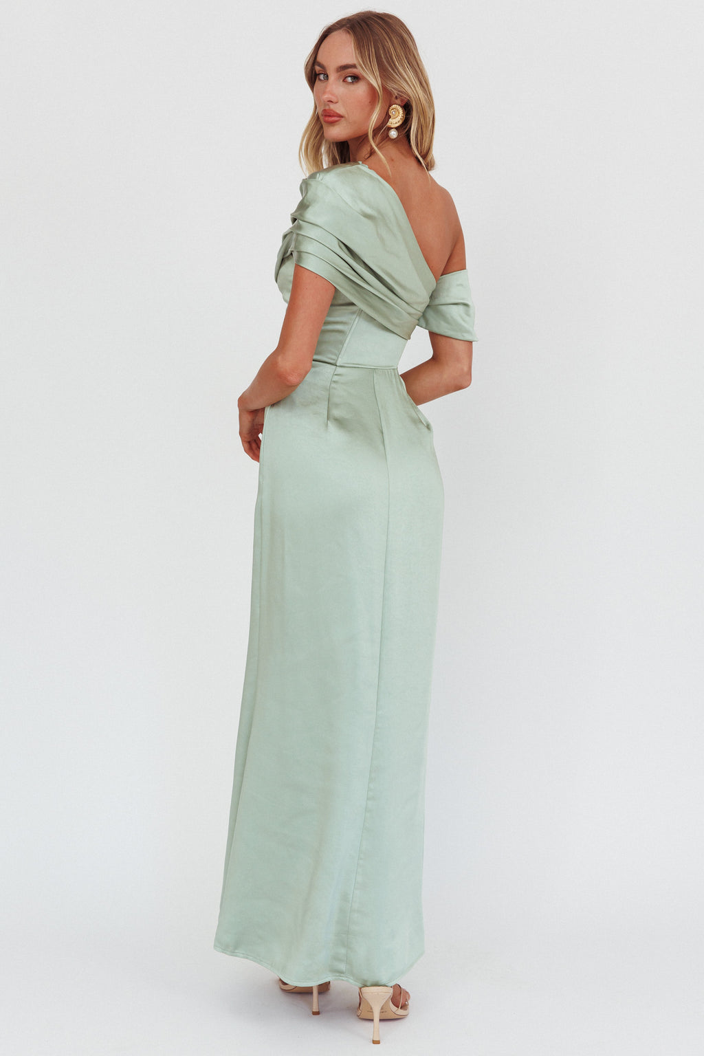 Bellissima Asymmetric Shoulder Maxi Dress Sage by Selfie Leslie