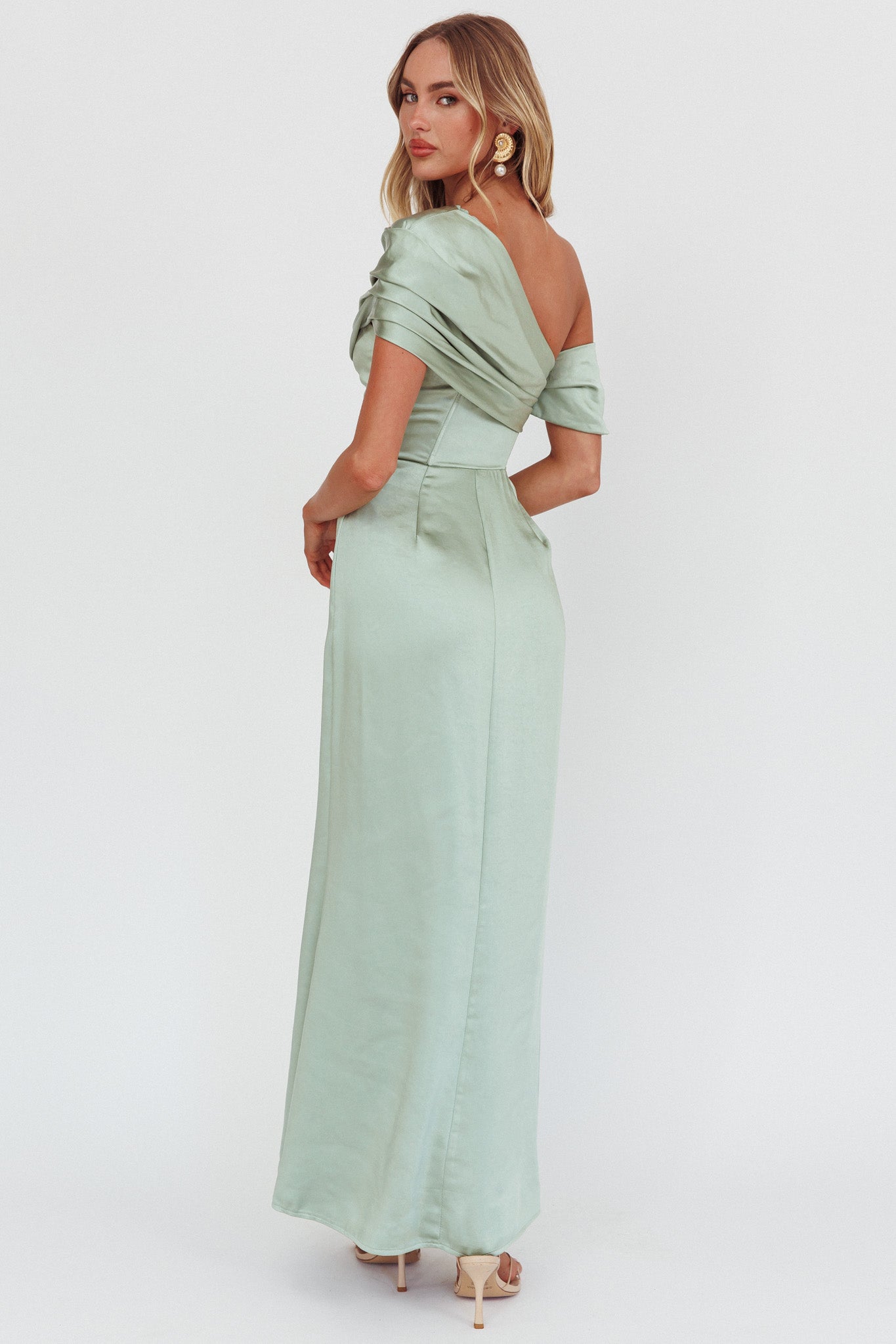 Bellissima Asymmetric Shoulder Maxi Dress Sage by Selfie Leslie