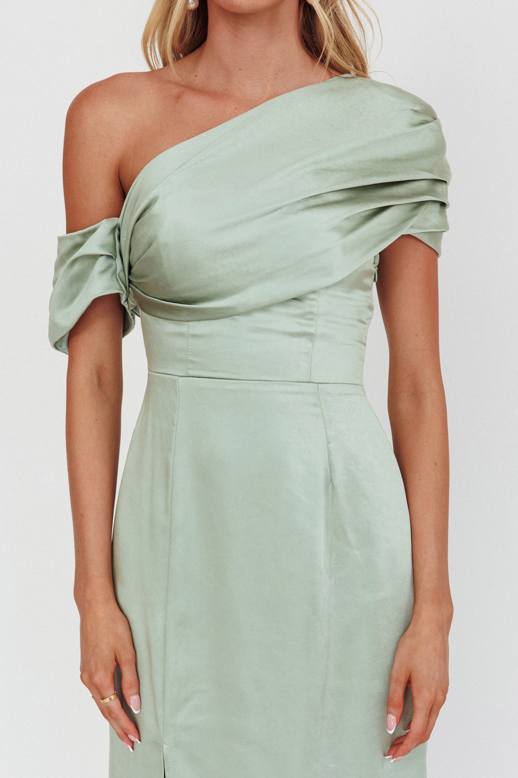 Bellissima Asymmetric Shoulder Maxi Dress Sage by Selfie Leslie