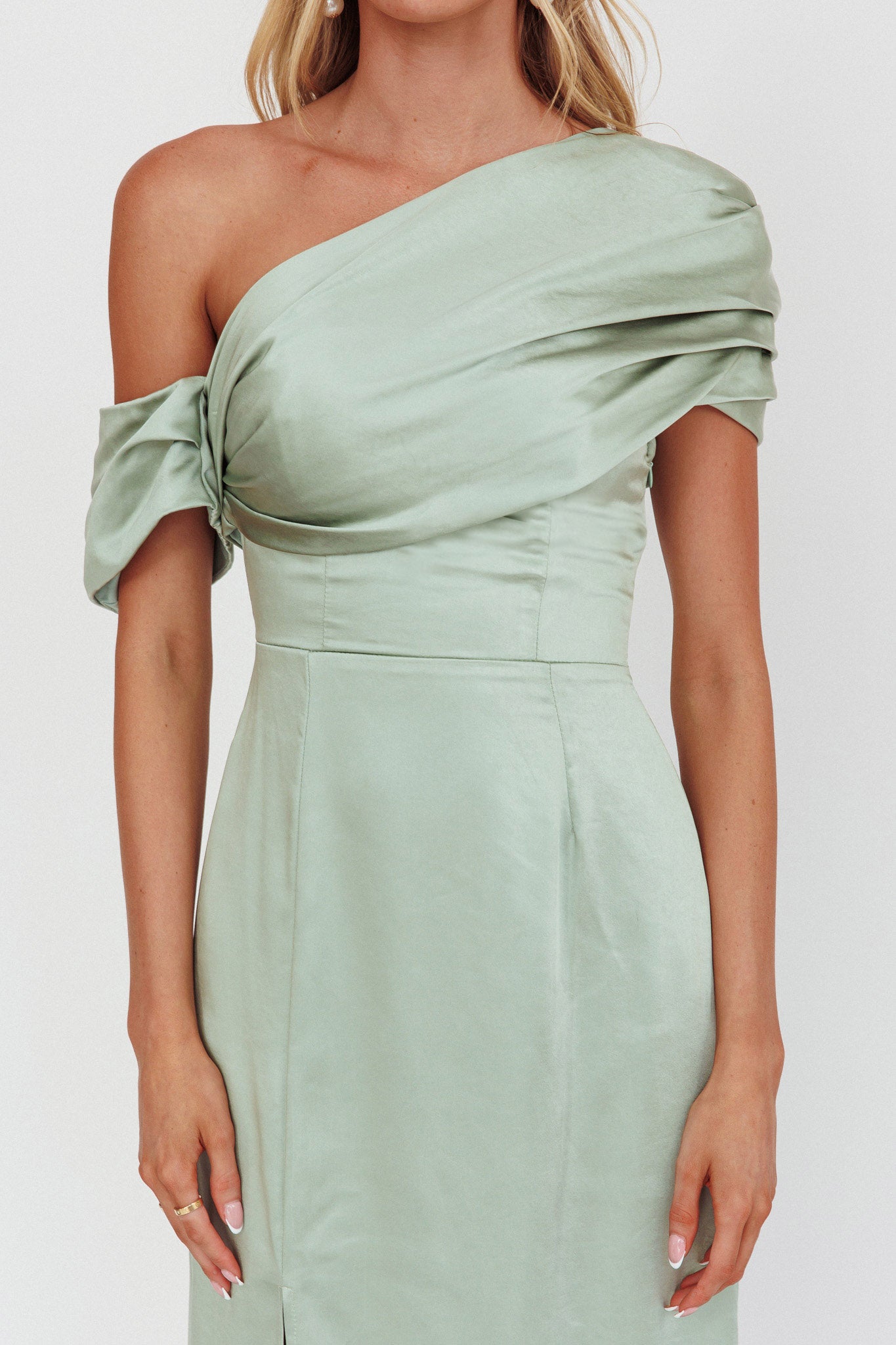 Bellissima Asymmetric Shoulder Maxi Dress Sage by Selfie Leslie