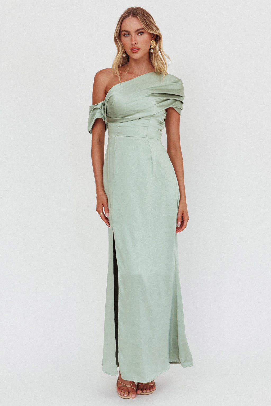 Bellissima Asymmetric Shoulder Maxi Dress Sage by Selfie Leslie