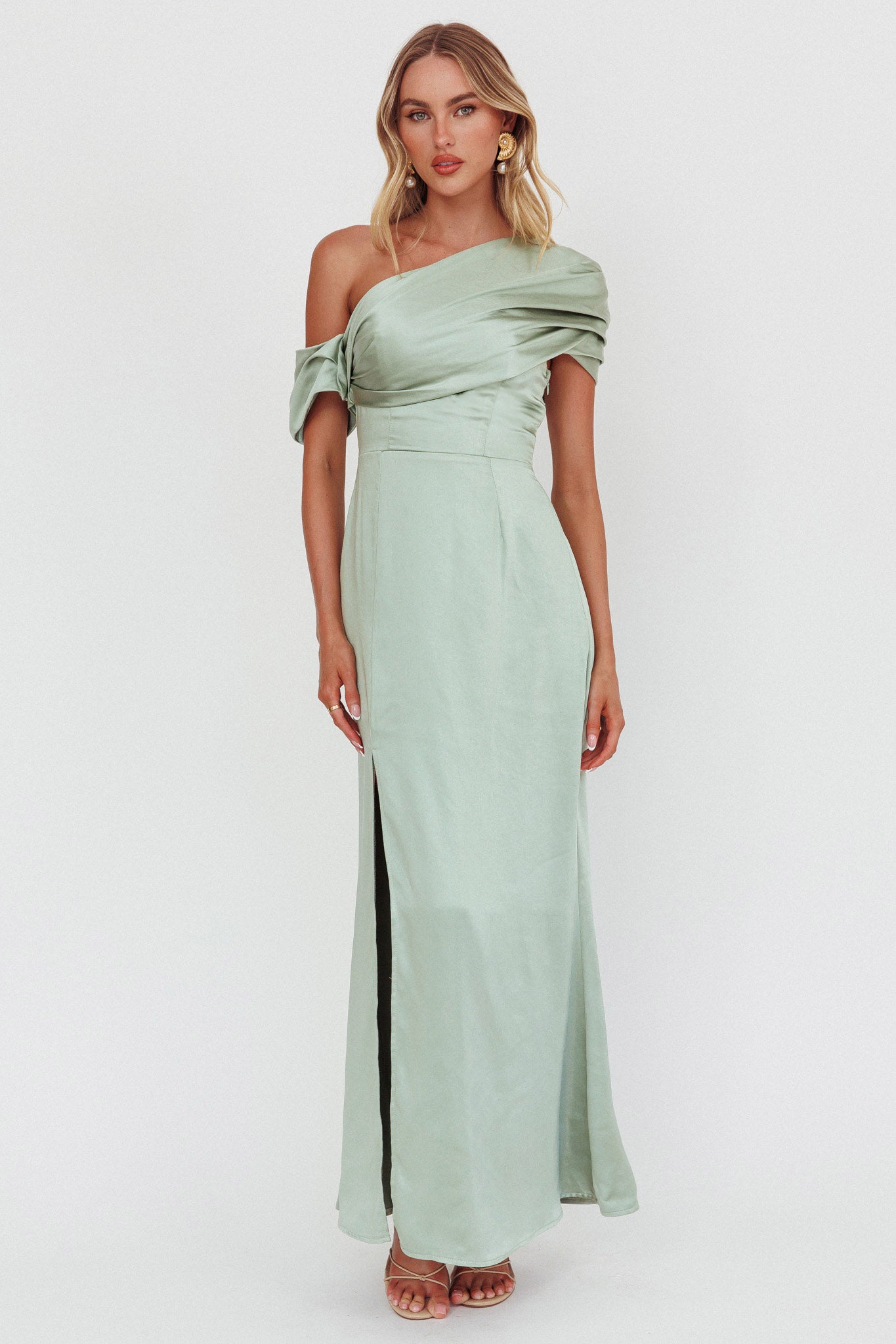 Bellissima Asymmetric Shoulder Maxi Dress Sage by Selfie Leslie