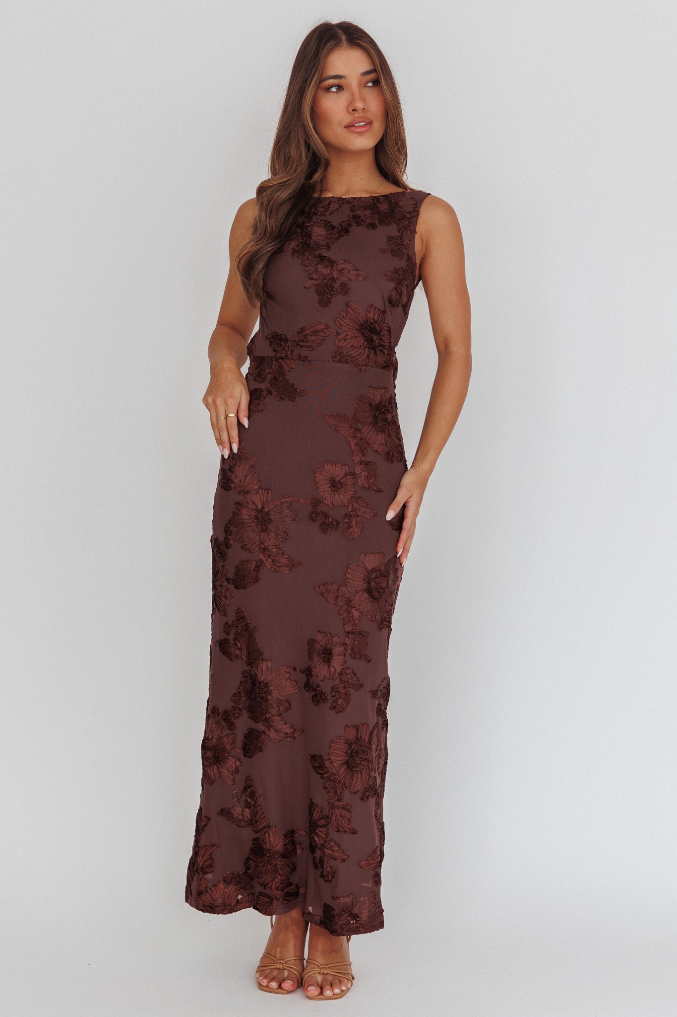 Helsi Low Back Maxi Dress Floral Chocolate | Selfie Leslie