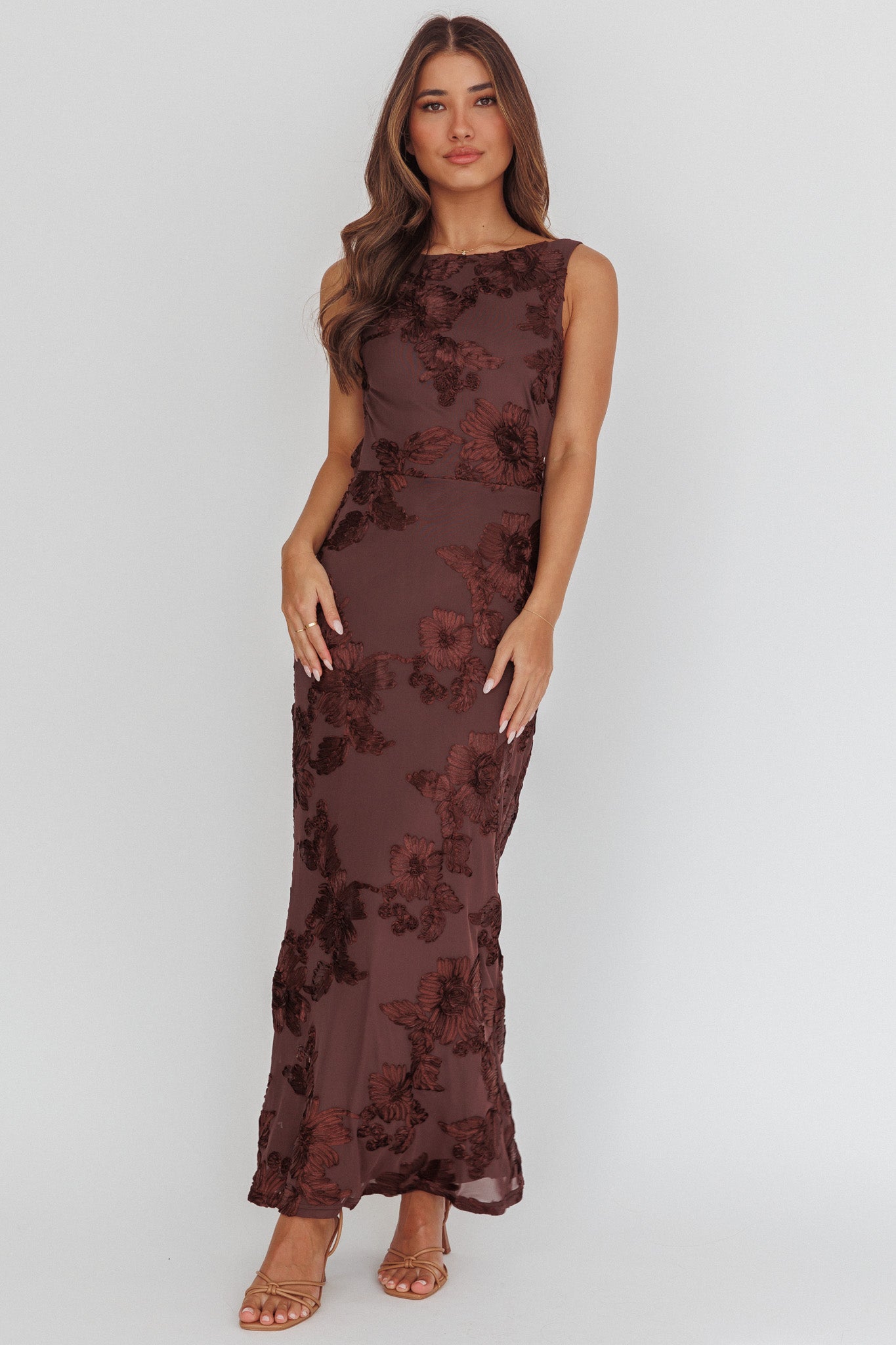 Helsi Low Back Maxi Dress Floral Chocolate | Selfie Leslie