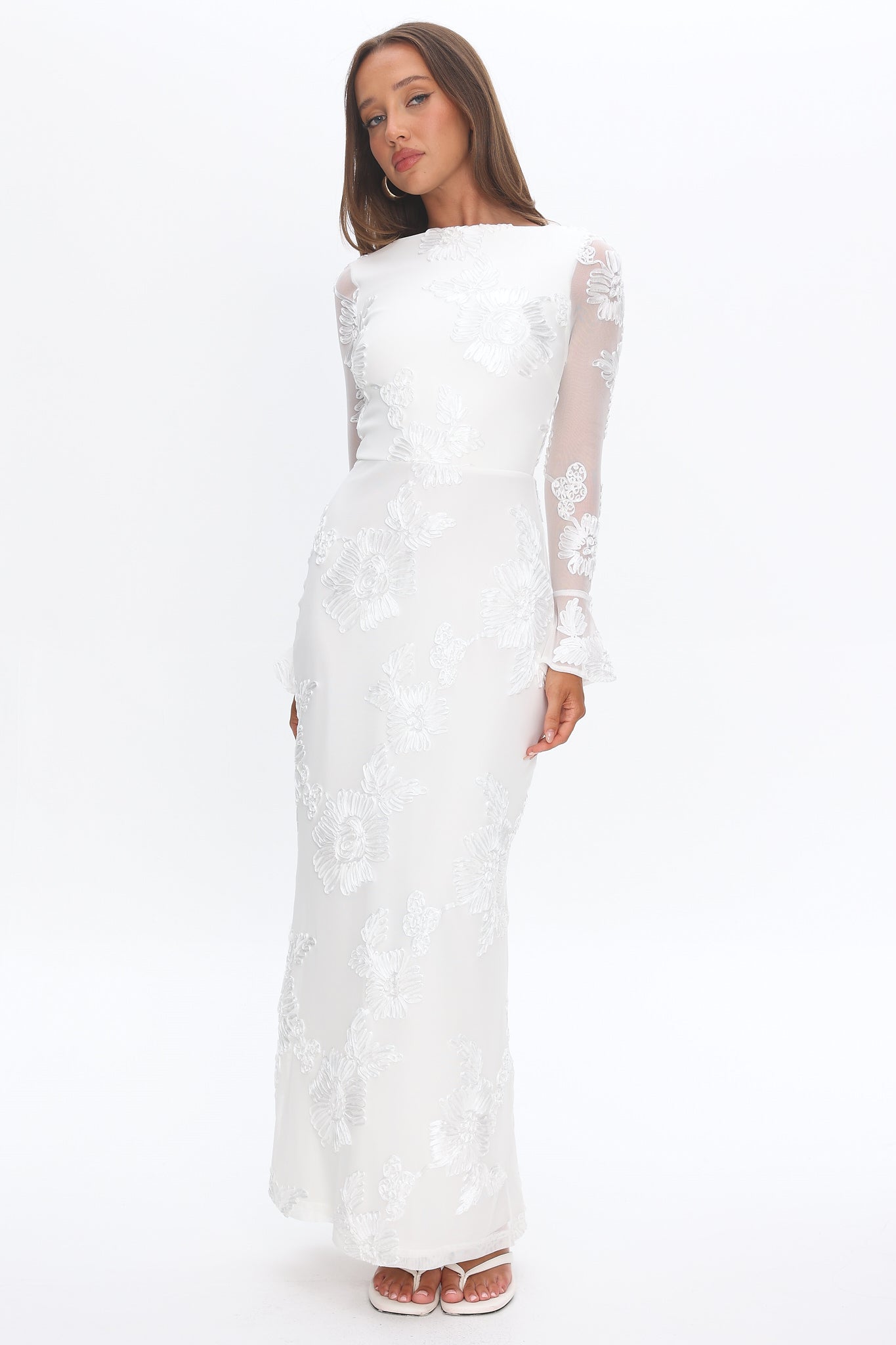helsi tessa long sleeve appliqué a line maxi dress Helsi Long Sleeve Embellished Maxi Dress White