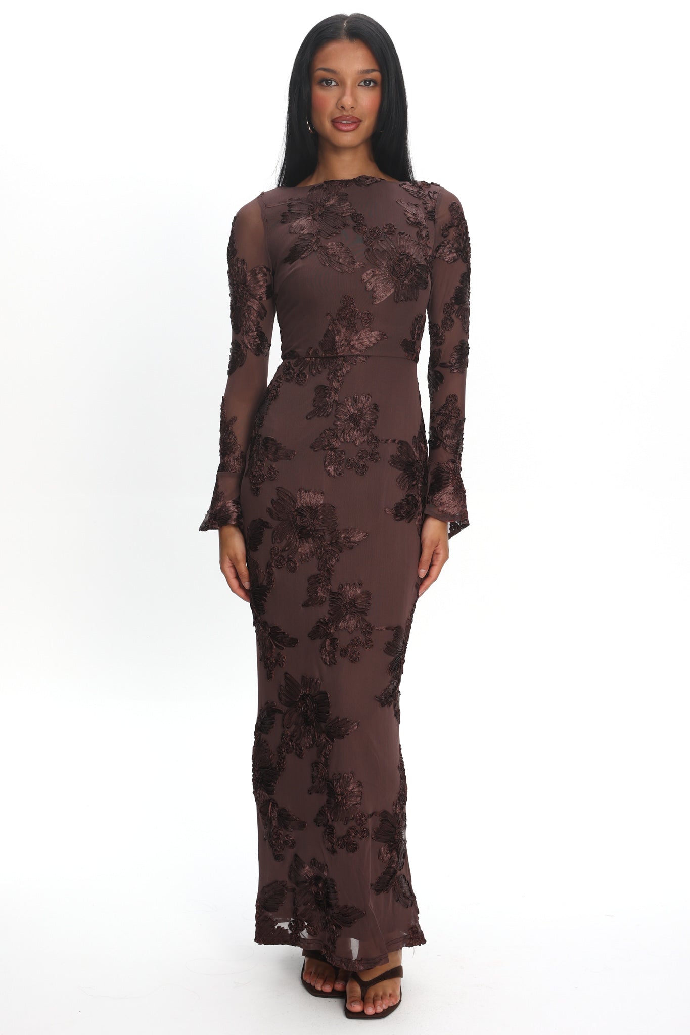 Helsi Long Sleeve Embellished Maxi Dress Brown