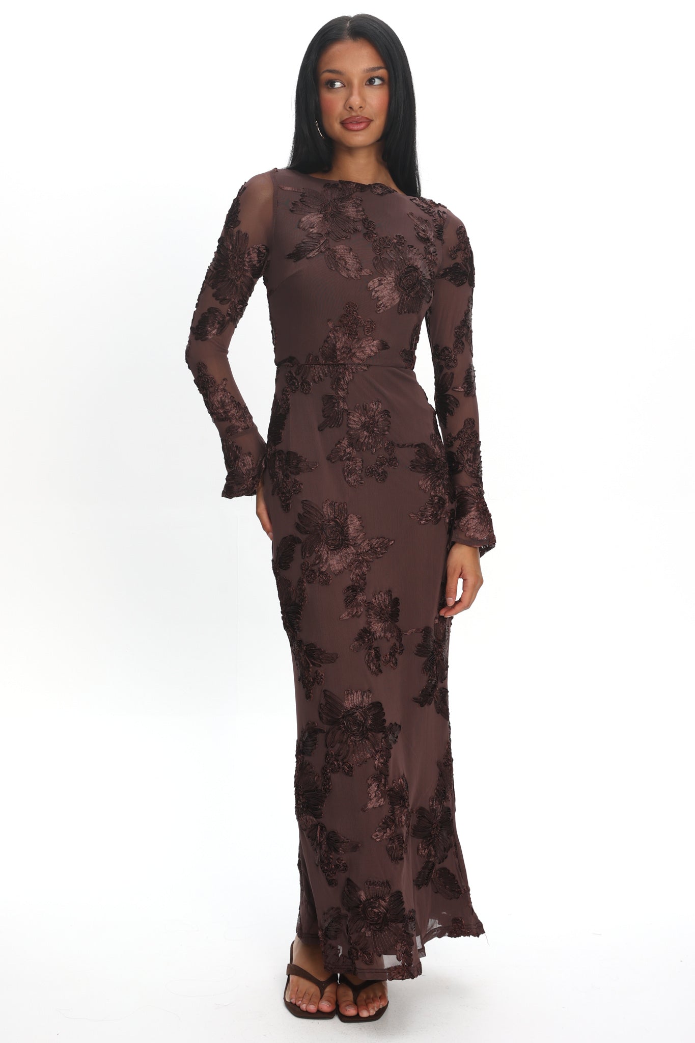 Helsi Long Sleeve Embellished Maxi Dress Brown Helsi Long Sleeve Embellished Maxi Dress Brown