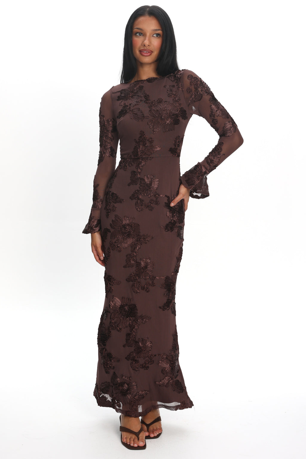 Helsi Long Sleeve Embellished Maxi Dress Brown Selfie Leslie Helsi Long Sleeve Embellished Maxi Dress Brown Selfie Leslie