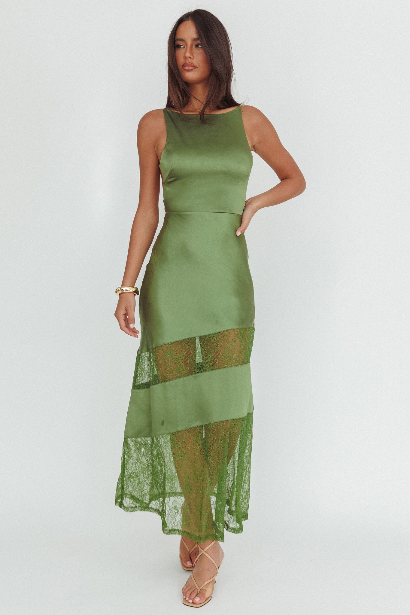 Helsi Low Back Lace Insert Maxi Dress Forest Green