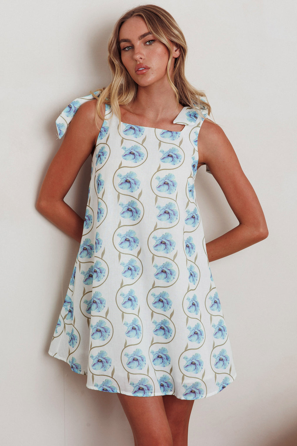 Annalee Tied Shoulder Mini Dress Floral Blue by Selfie Leslie