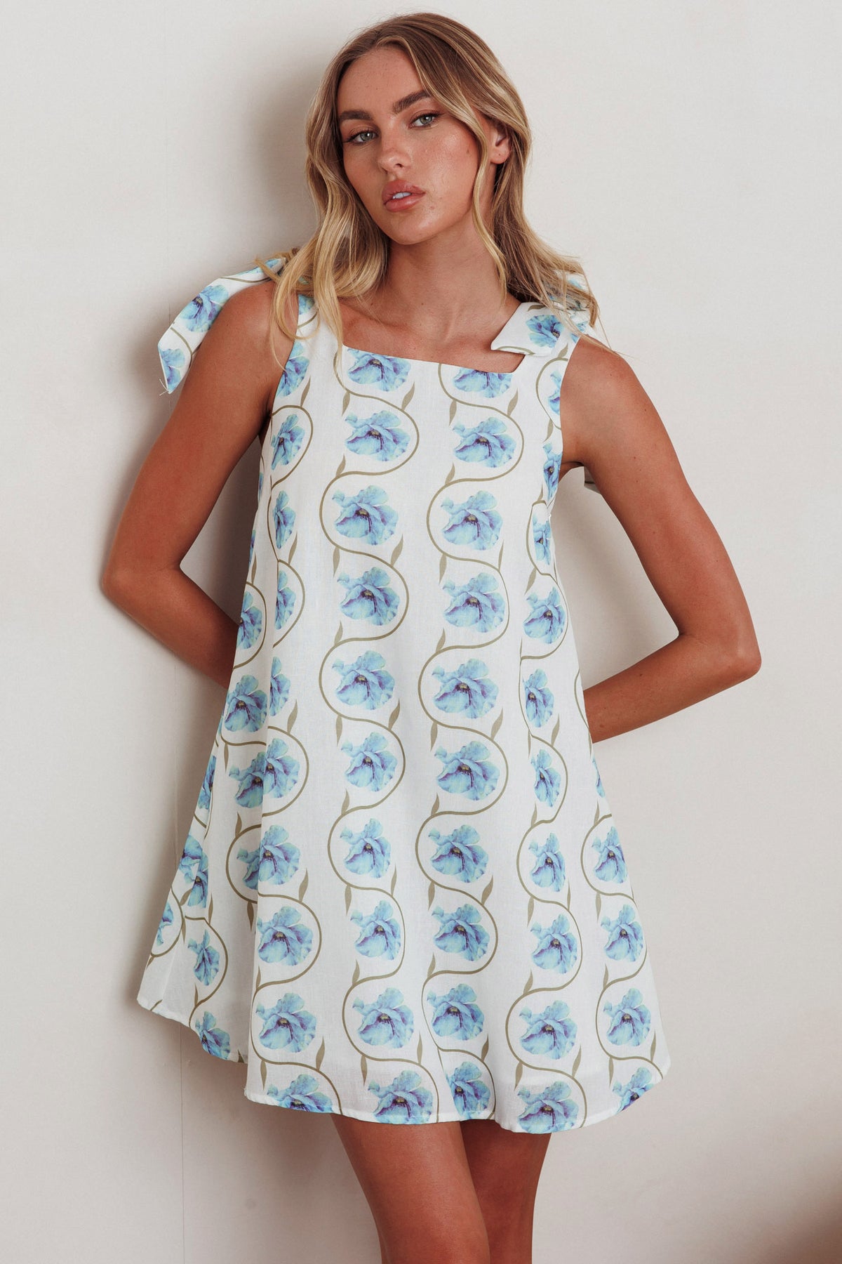 Annalee Tied Shoulder Mini Dress Floral Blue by Selfie Leslie
