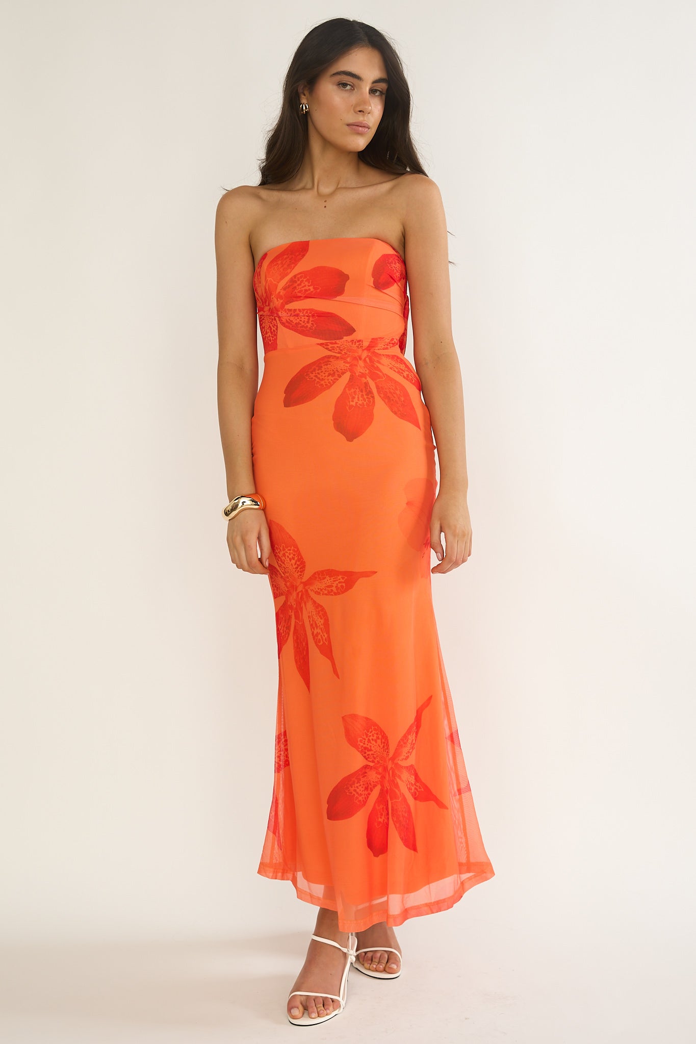 brailey mini dress strapless dress in orange jacquard Minnesota Strapless Cowl Back Dress Floral Orange
