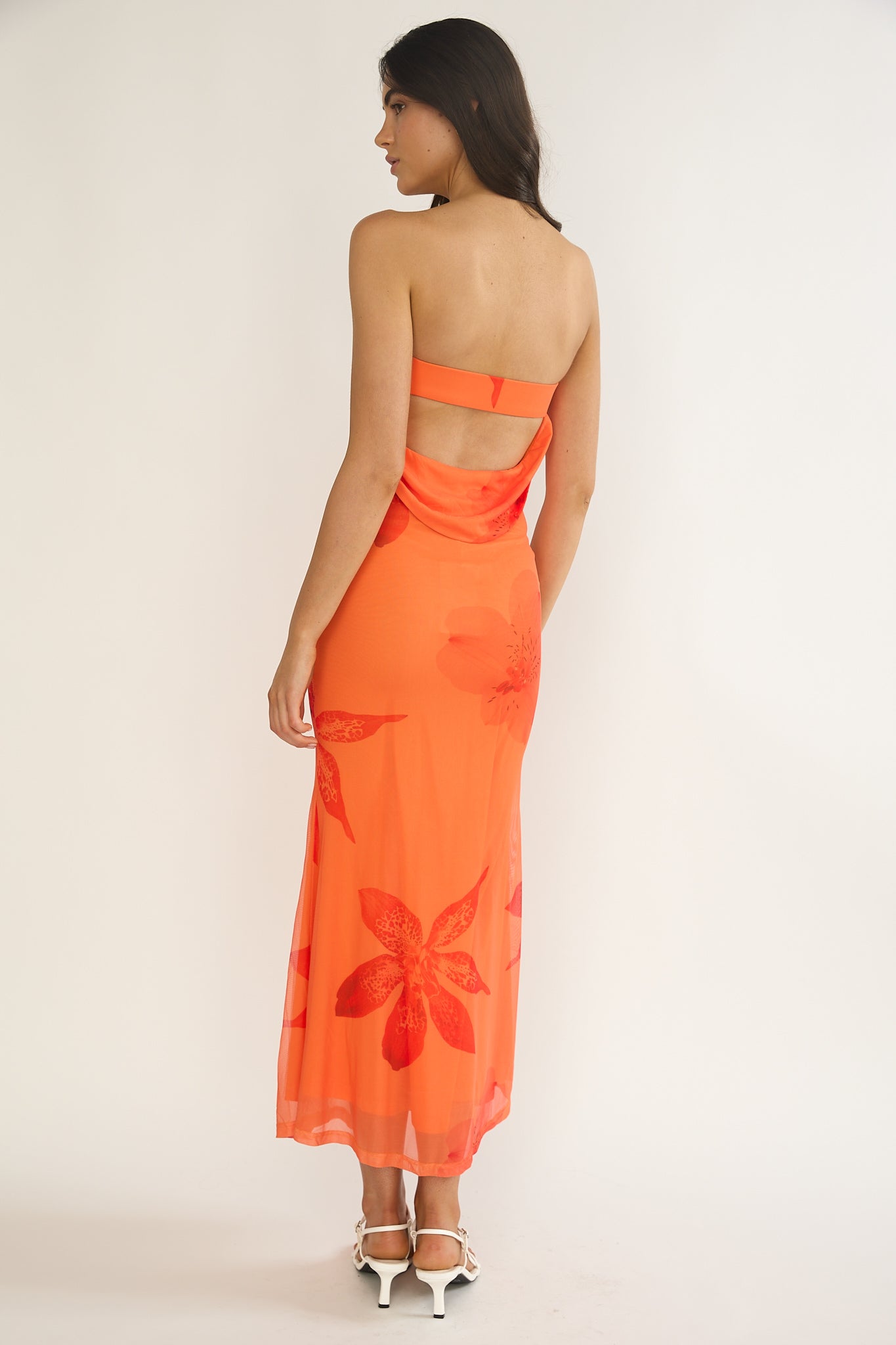 Minnesota Strapless Cowl Back Dress Floral Orange - XS Minnesota Strapless Cowl Back Dress Floral Orange - XS