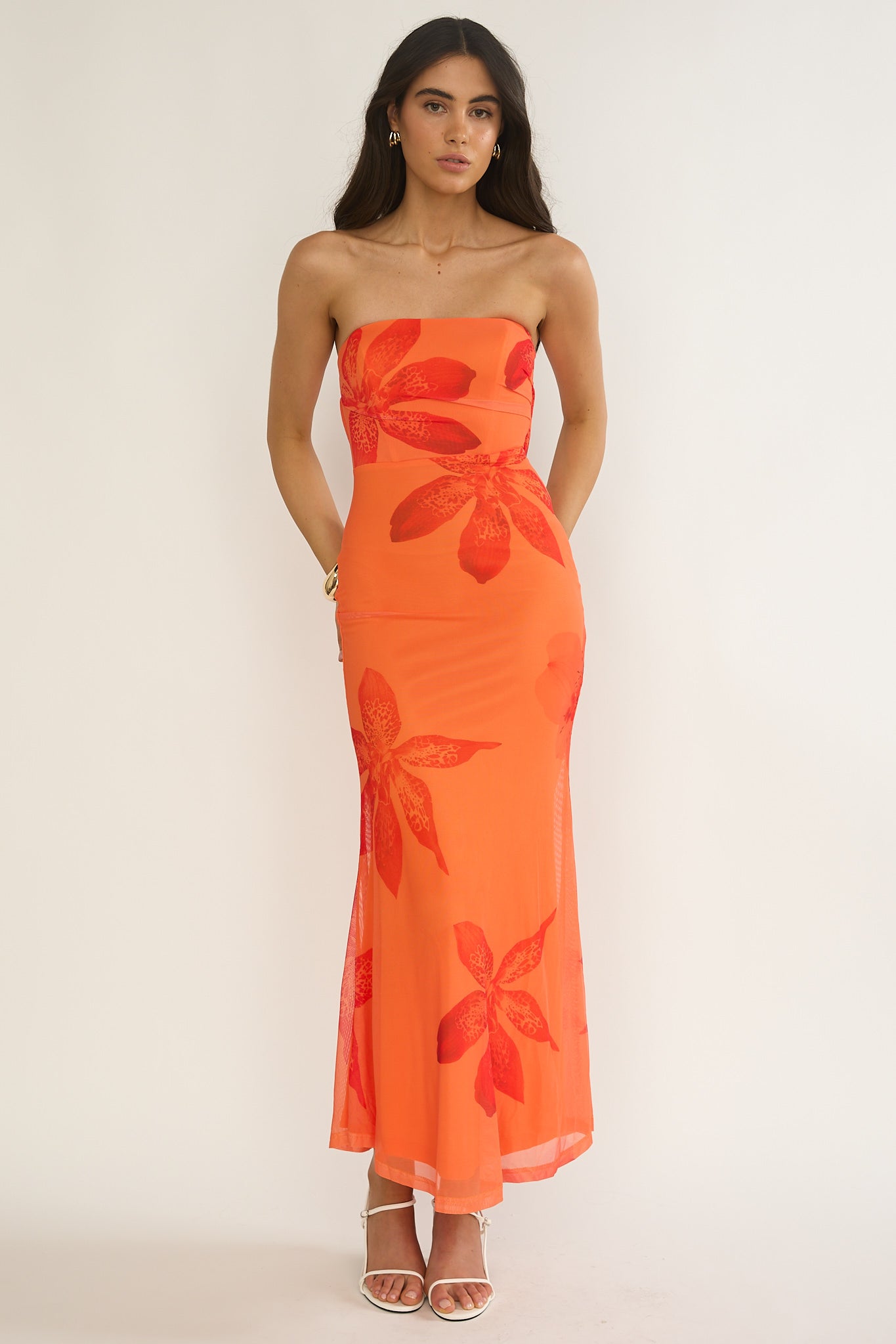 orange floral bridesmaid dresses Minnesota Strapless Cowl Back Dress Floral Orange