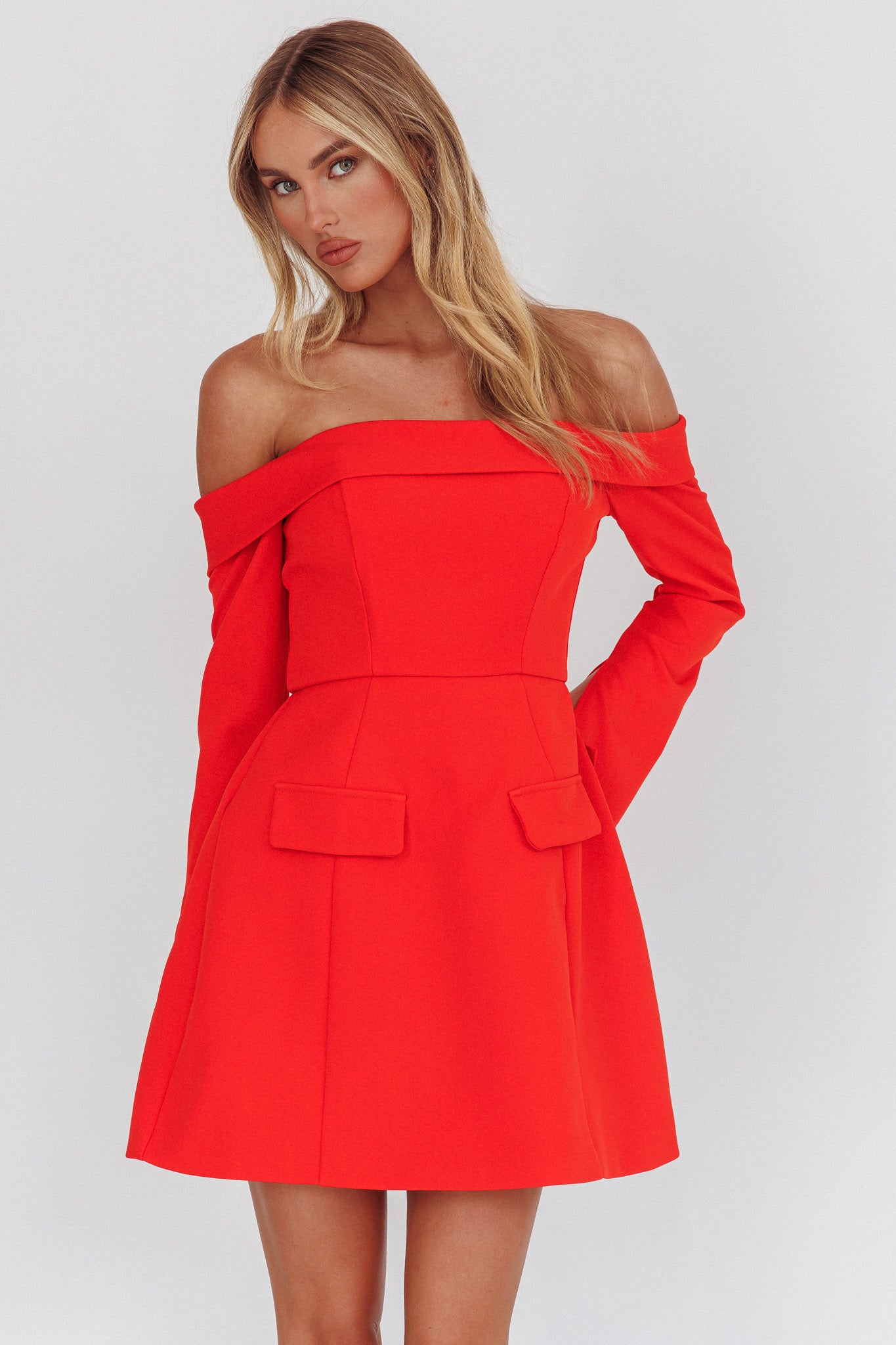Laviniah Foldover Long Sleeve Mini Dress Red by Selfie Leslie