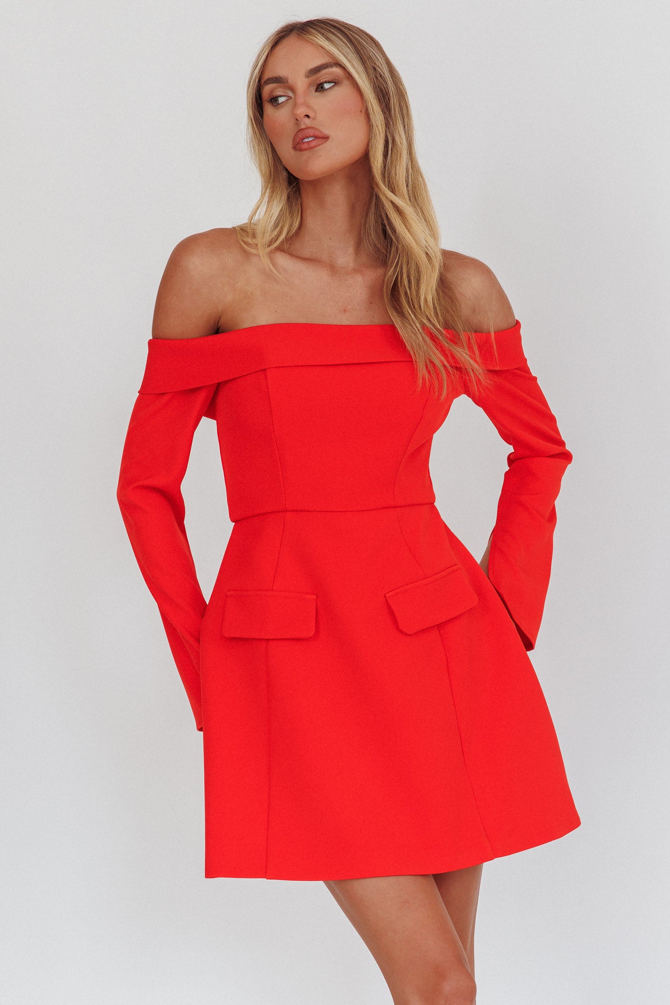 Laviniah Foldover Long Sleeve Mini Dress Red by Selfie Leslie
