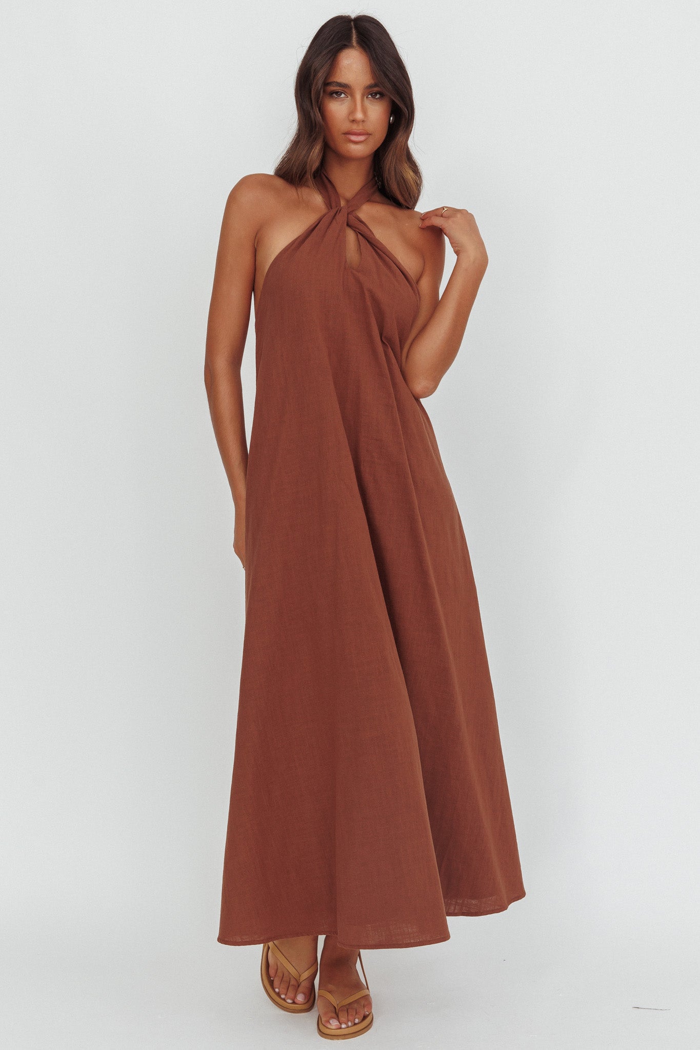Cheer Twist Halterneck Maxi Dress Chocolate | Selfie Leslie