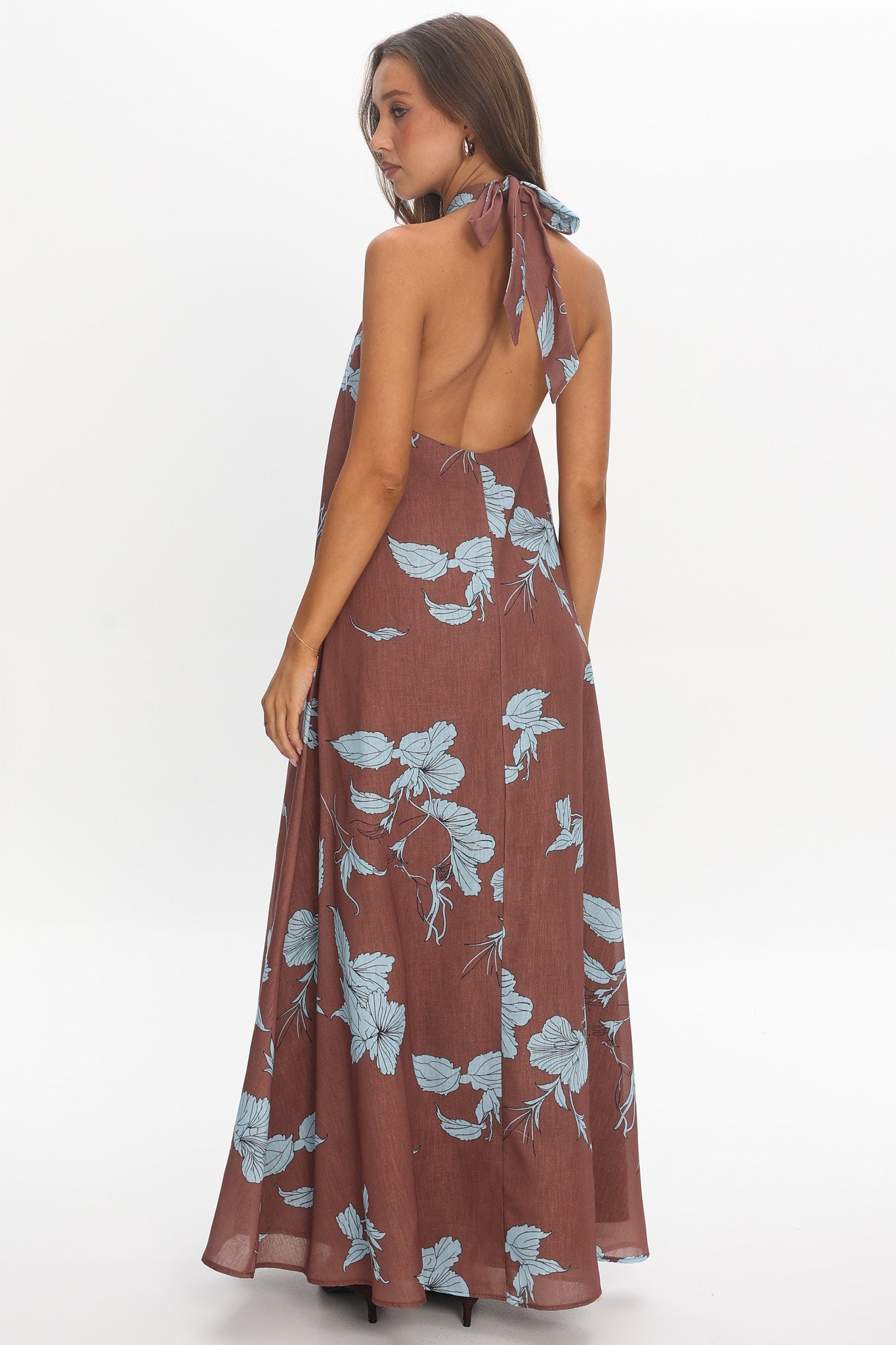 Cheer Backless Halter Maxi Dress Print Floral Chocolate - M Cheer Backless Halter Maxi Dress Print Floral Chocolate - M