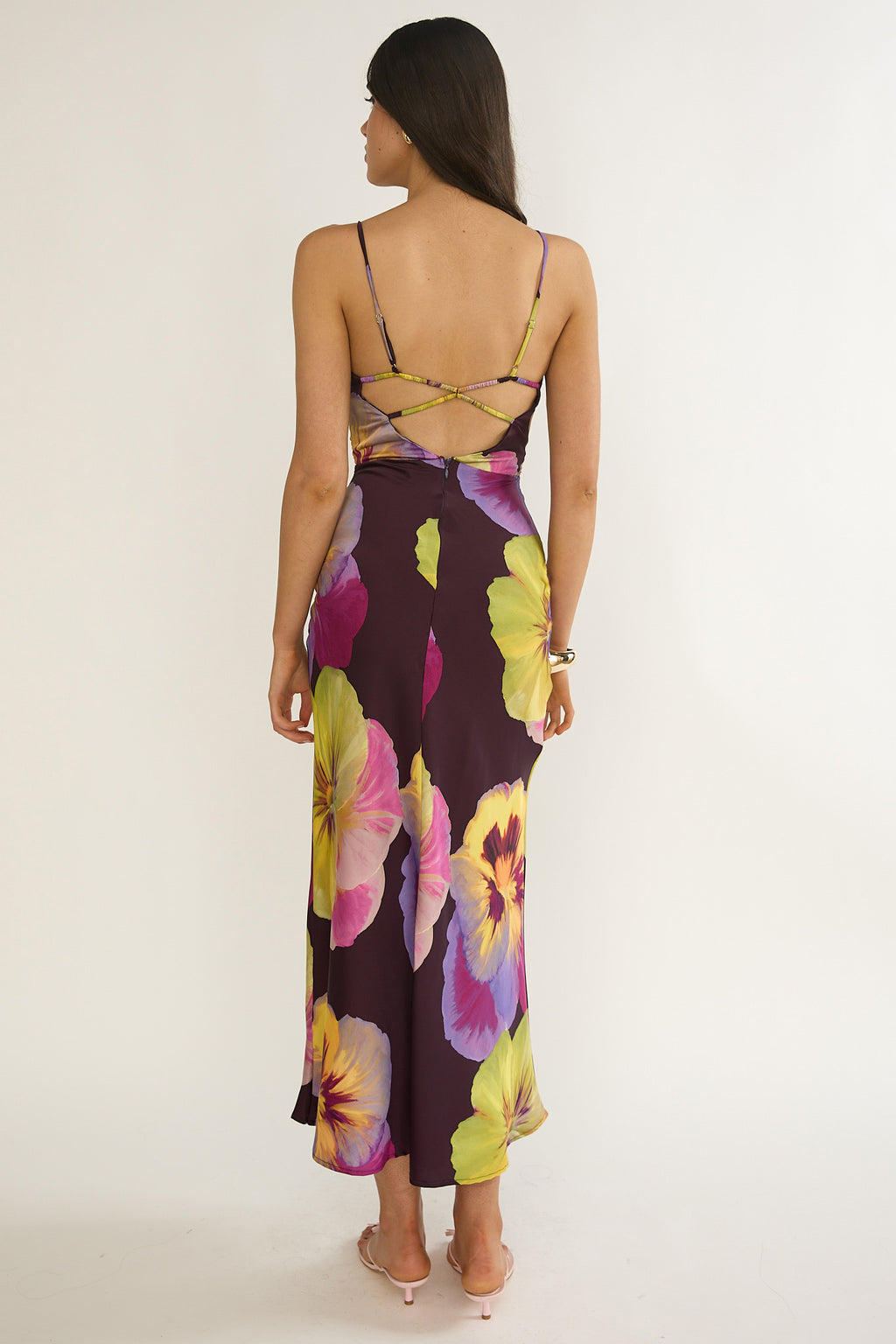 Floating Strappy Low Back Maxi Dress Pansies Plum by Selfie Leslie