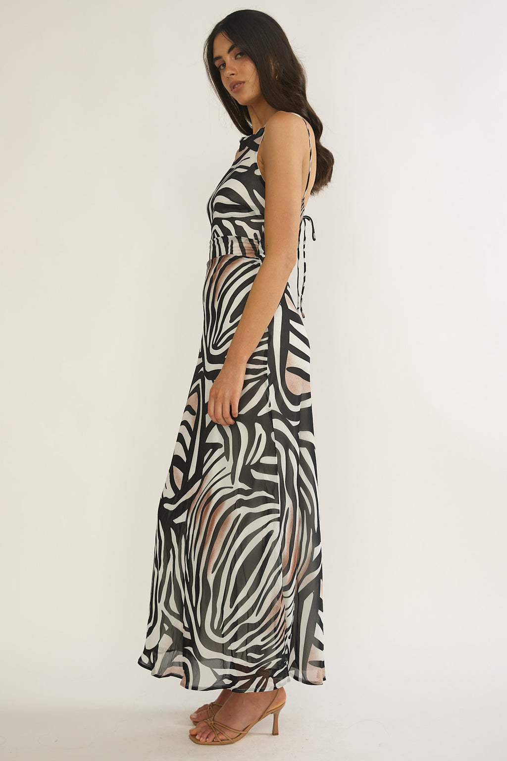 Floating Tied Low Back Maxi Dress Print Black/White
