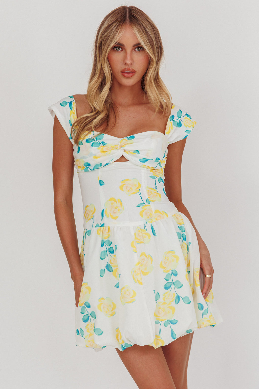 Cadi Twist Bust Balloon Mini Dress Floral Yellow by Selfie Leslie