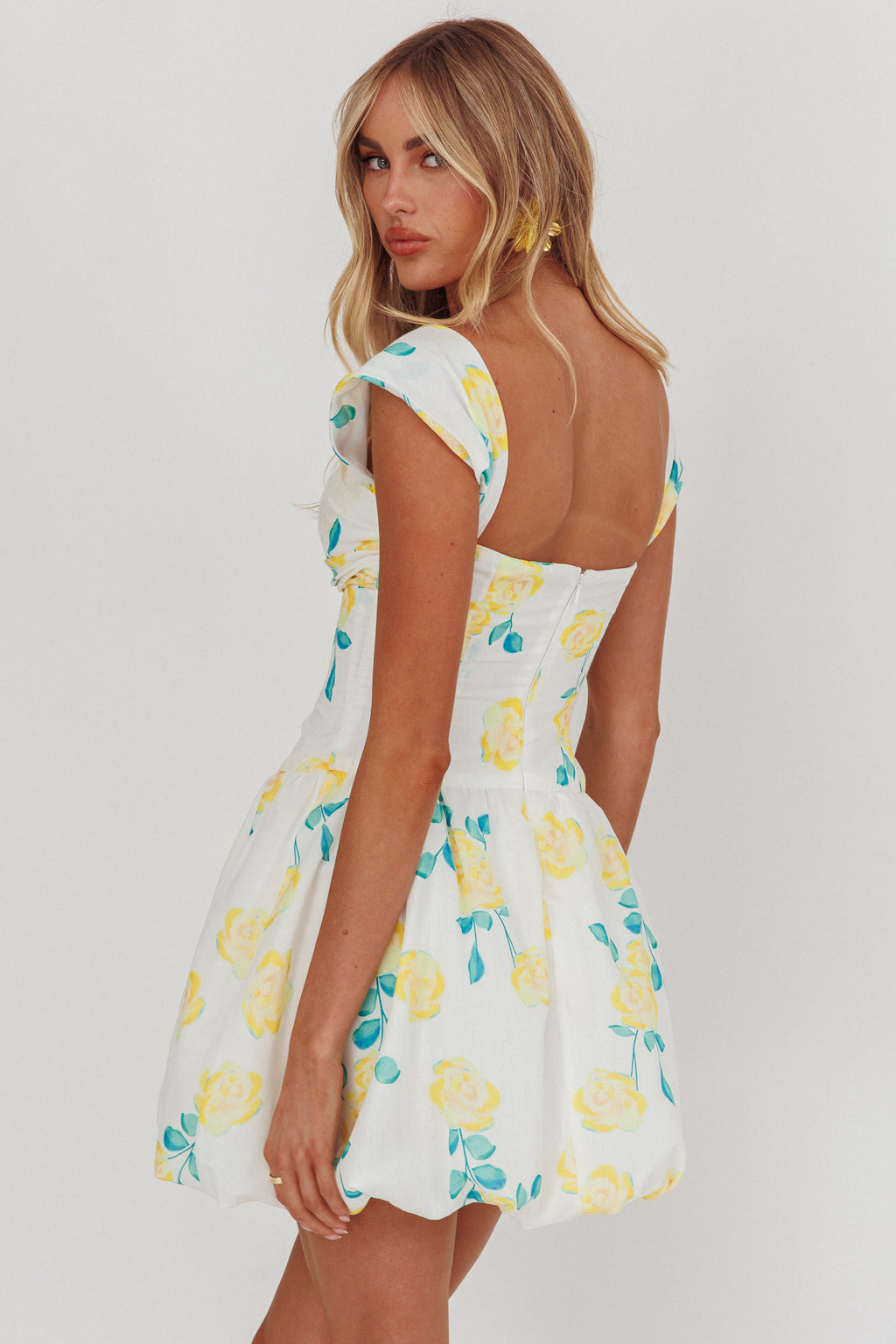 Cadi Twist Bust Balloon Mini Dress Floral Yellow by Selfie Leslie