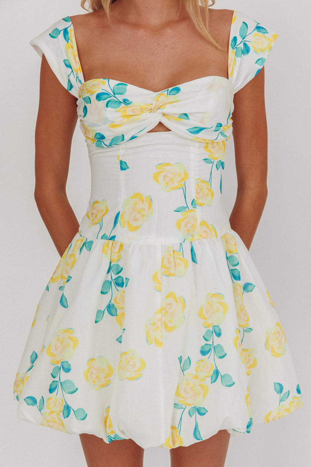 Cadi Twist Bust Balloon Mini Dress Floral Yellow by Selfie Leslie