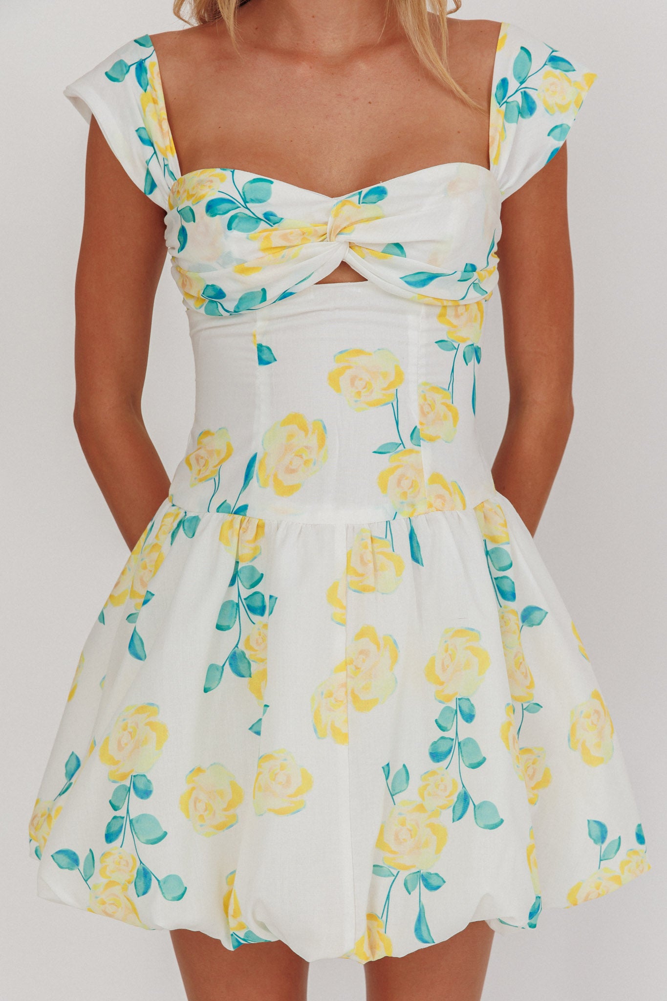 Cadi Twist Bust Balloon Mini Dress Floral Yellow by Selfie Leslie