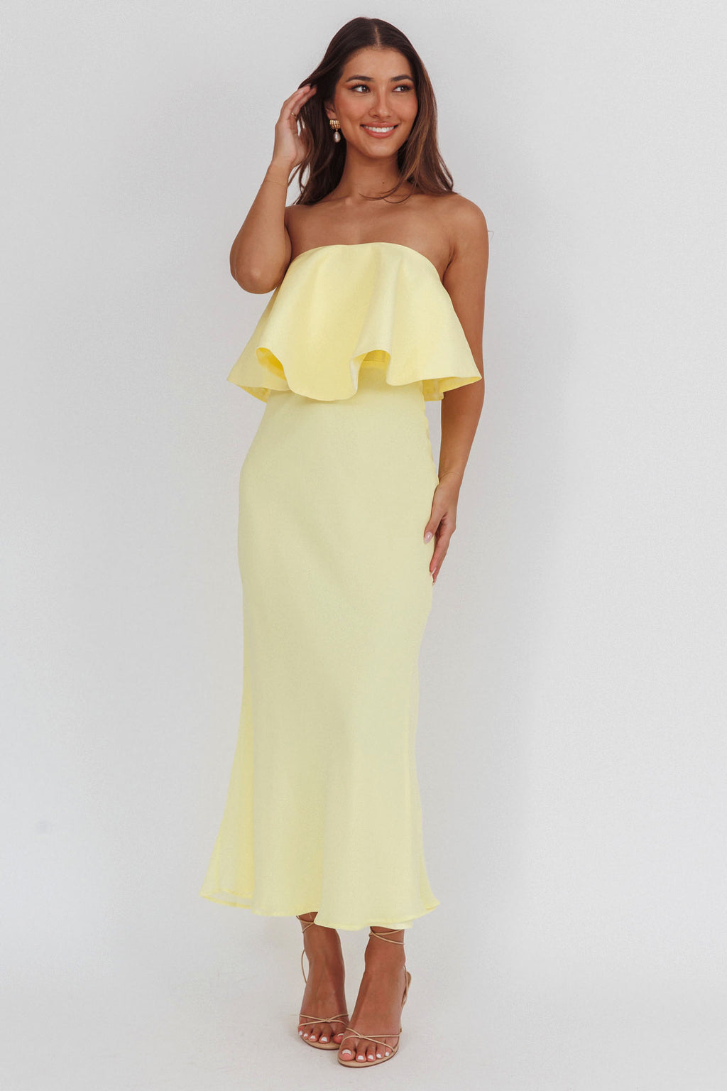 Nerina Strapless Ruffle Neckline Maxi Dress Panna Cotta by Selfie Leslie