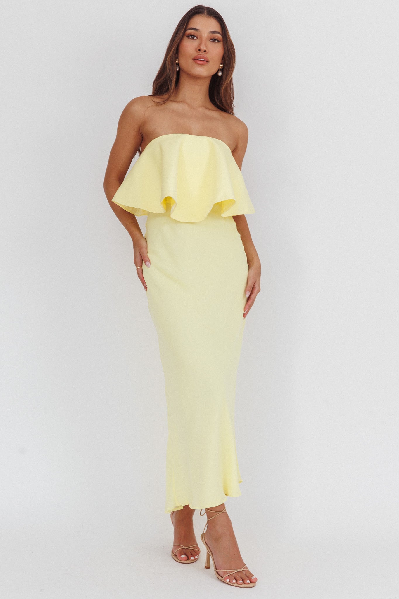 Nerina Strapless Ruffle Neckline Maxi Dress Panna Cotta by Selfie Leslie
