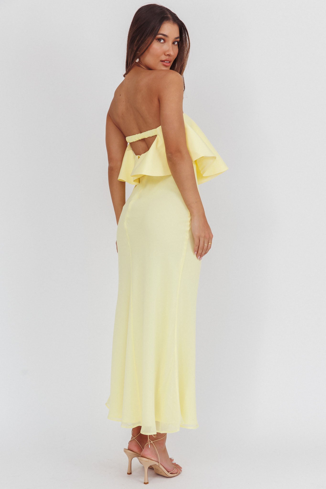Nerina Strapless Ruffle Neckline Maxi Dress Panna Cotta by Selfie Leslie