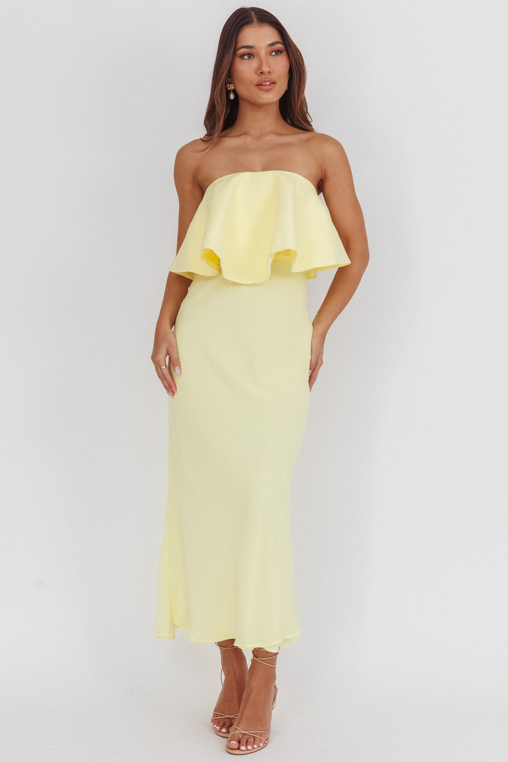 Nerina Strapless Ruffle Neckline Maxi Dress Panna Cotta by Selfie Leslie