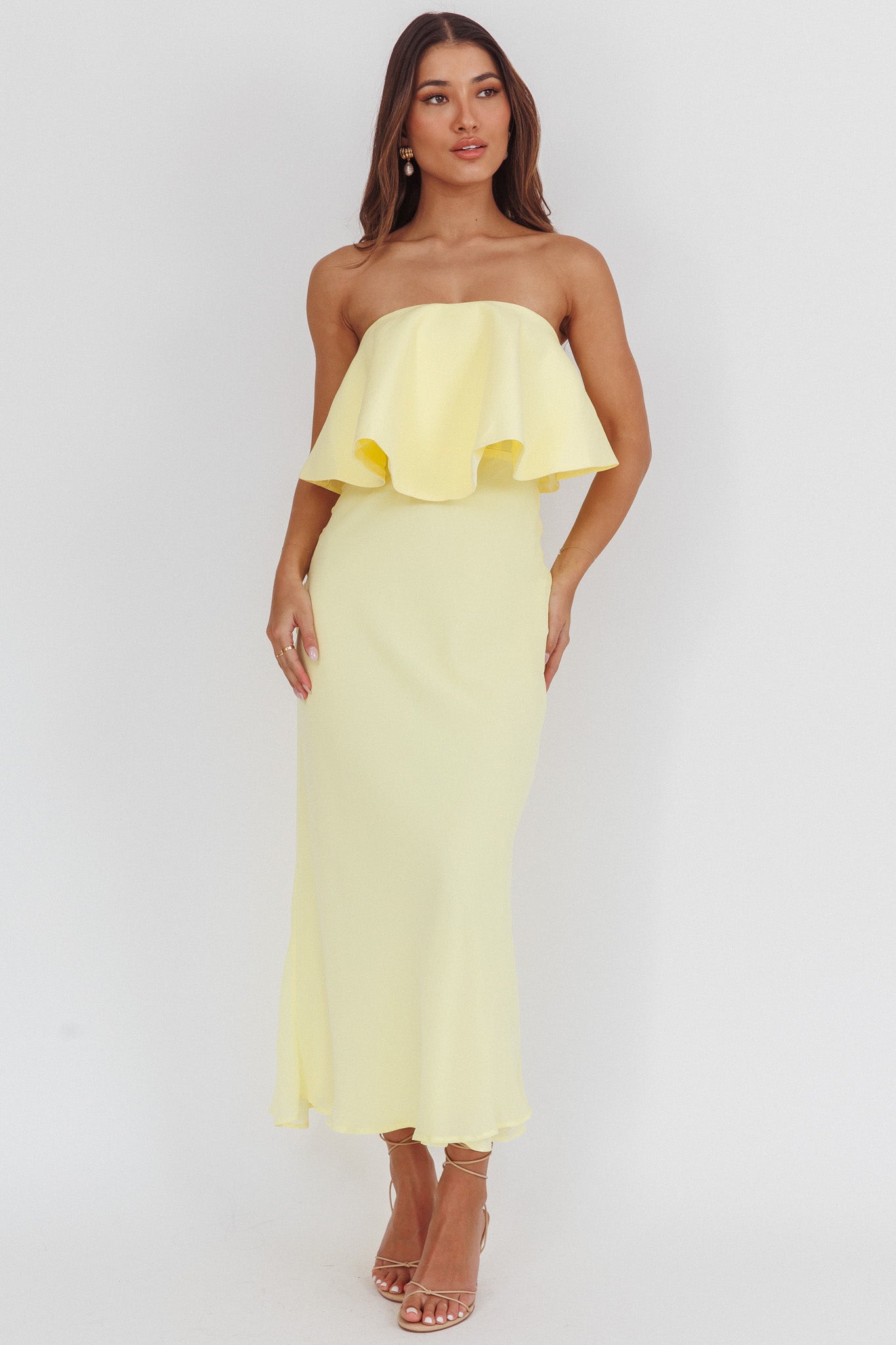 Nerina Strapless Ruffle Neckline Maxi Dress Panna Cotta by Selfie Leslie
