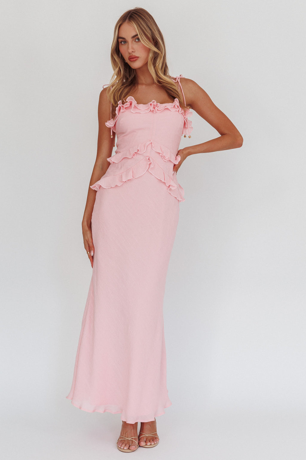 On A Roll Frill Trim Maxi Dress Pink by Selfie Leslie