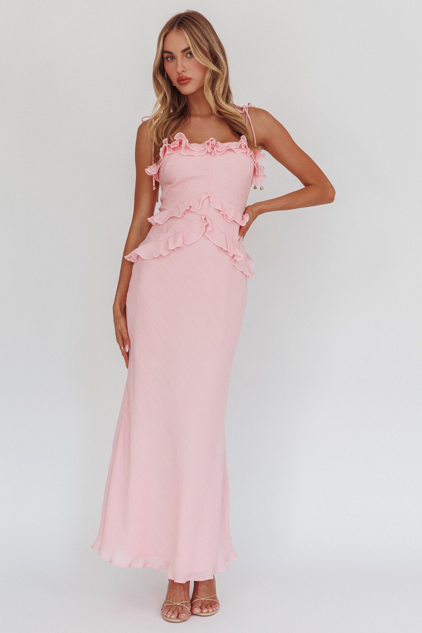 On A Roll Frill Trim Maxi Dress Pink by Selfie Leslie