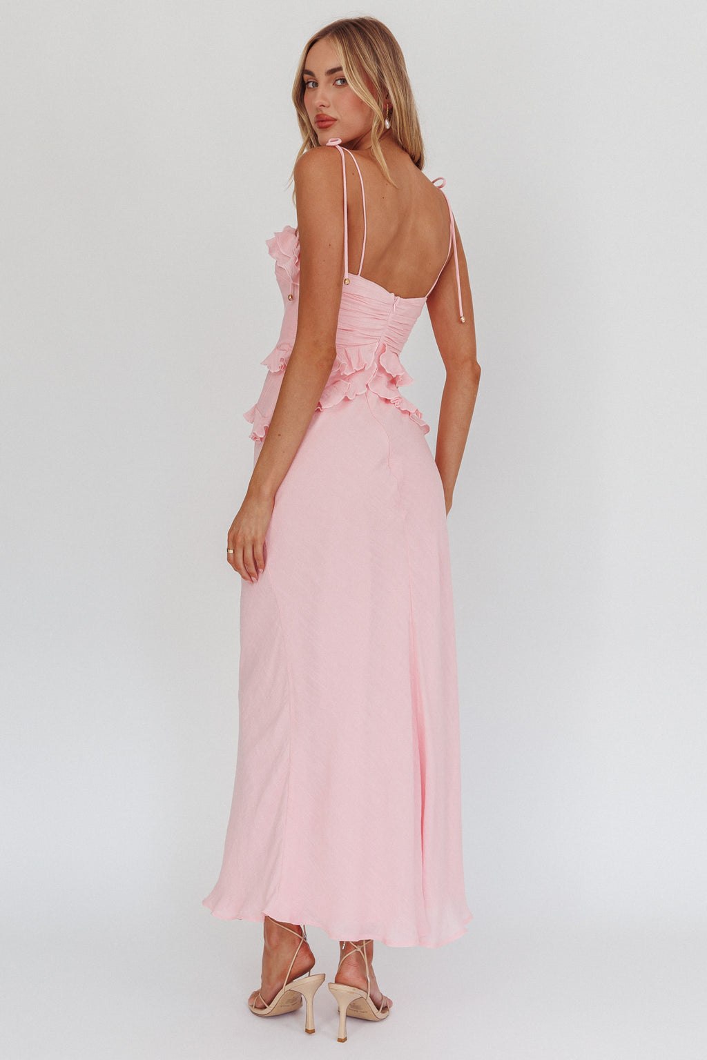 On A Roll Frill Trim Maxi Dress Pink by Selfie Leslie