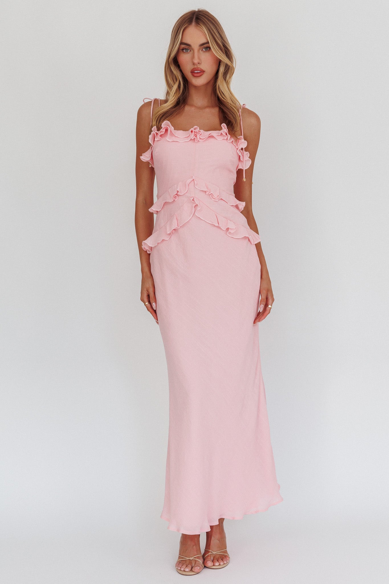 On A Roll Frill Trim Maxi Dress Pink by Selfie Leslie
