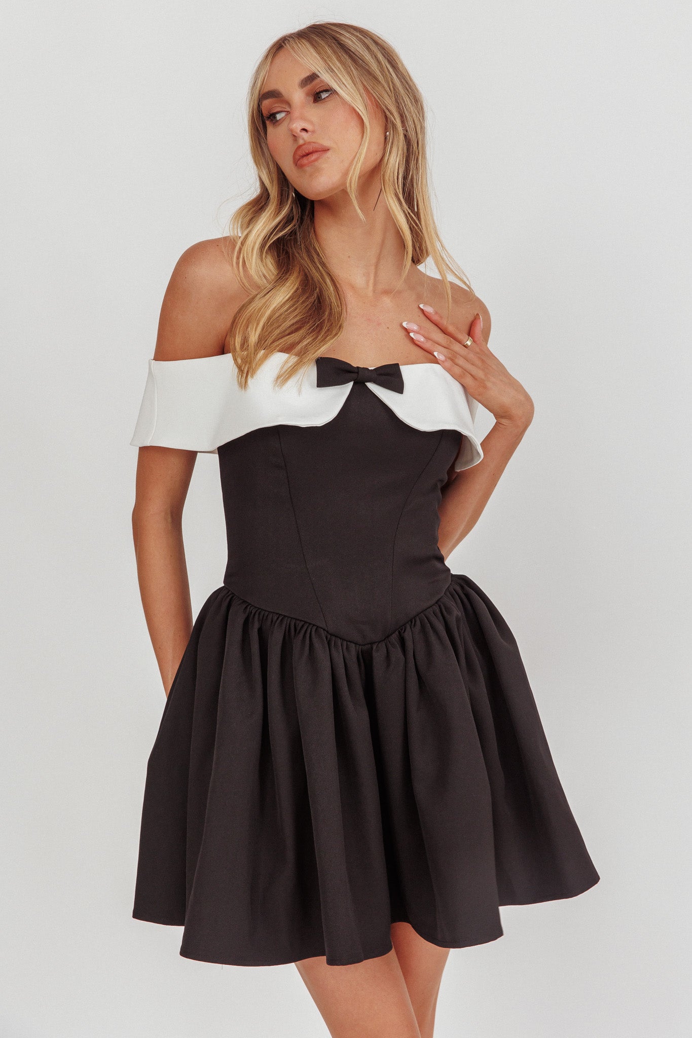 Grace Kelly Contrast Off-Shoulder Mini Dress Black by Selfie Leslie