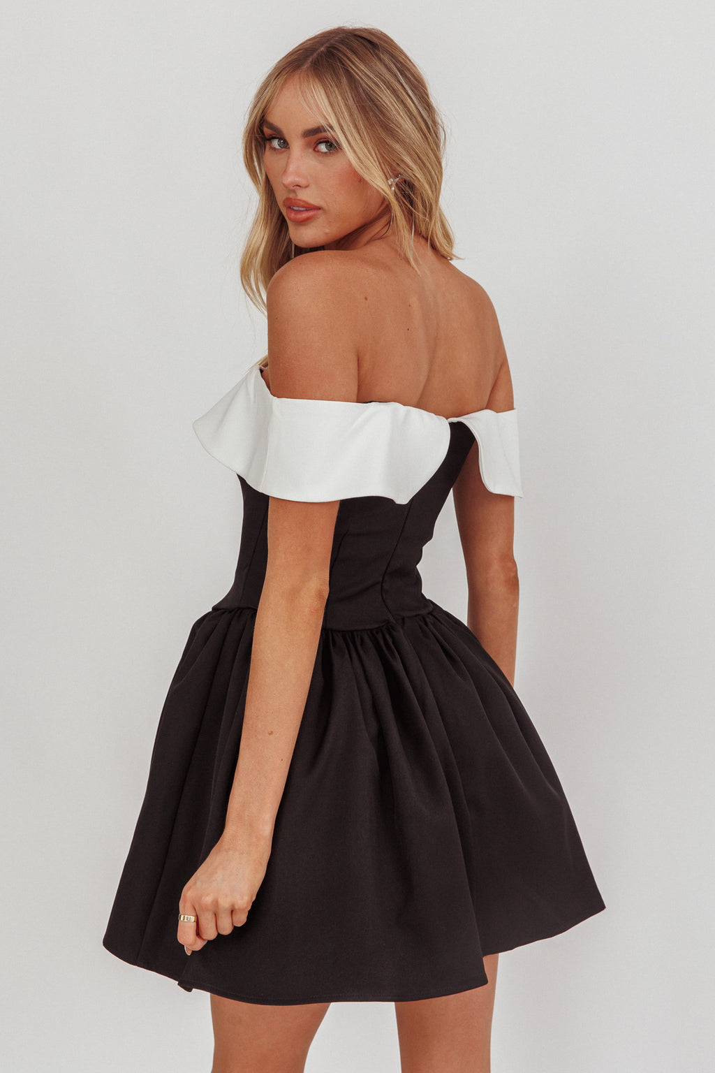 Grace Kelly Contrast Off-Shoulder Mini Dress Black by Selfie Leslie
