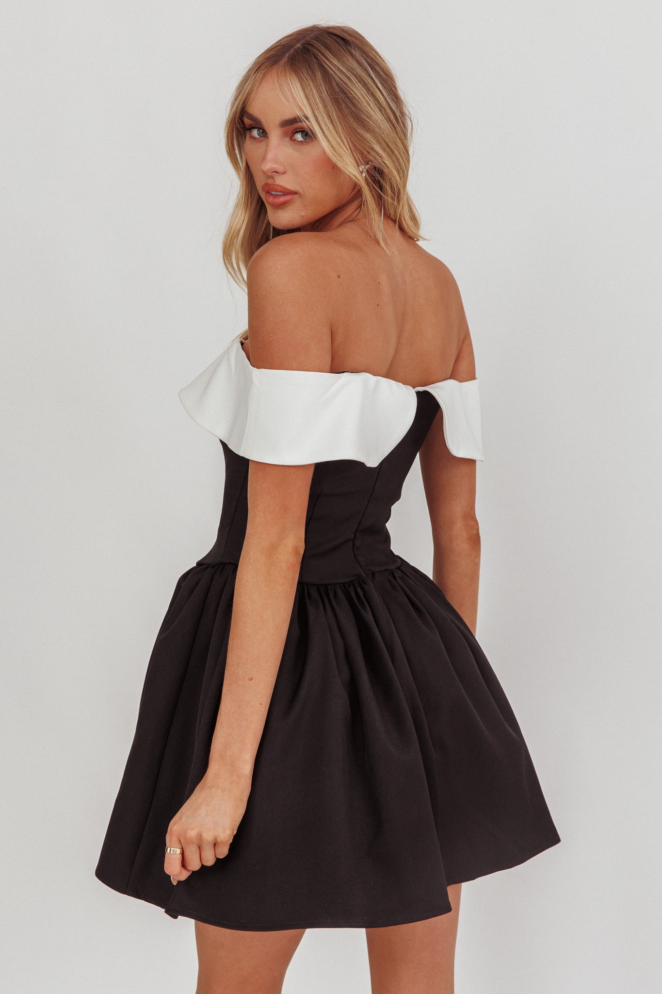 Grace Kelly Contrast Off-Shoulder Mini Dress Black by Selfie Leslie