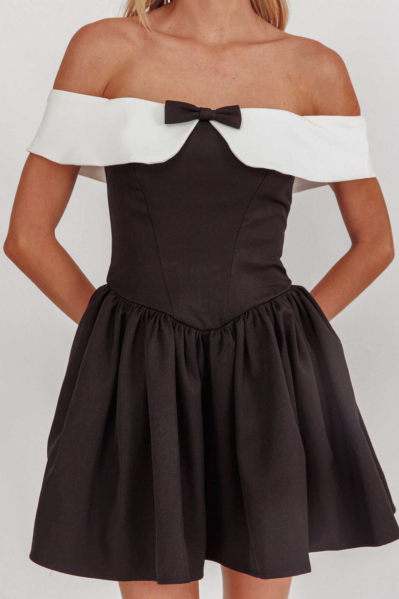 Grace Kelly Contrast Off-Shoulder Mini Dress Black by Selfie Leslie