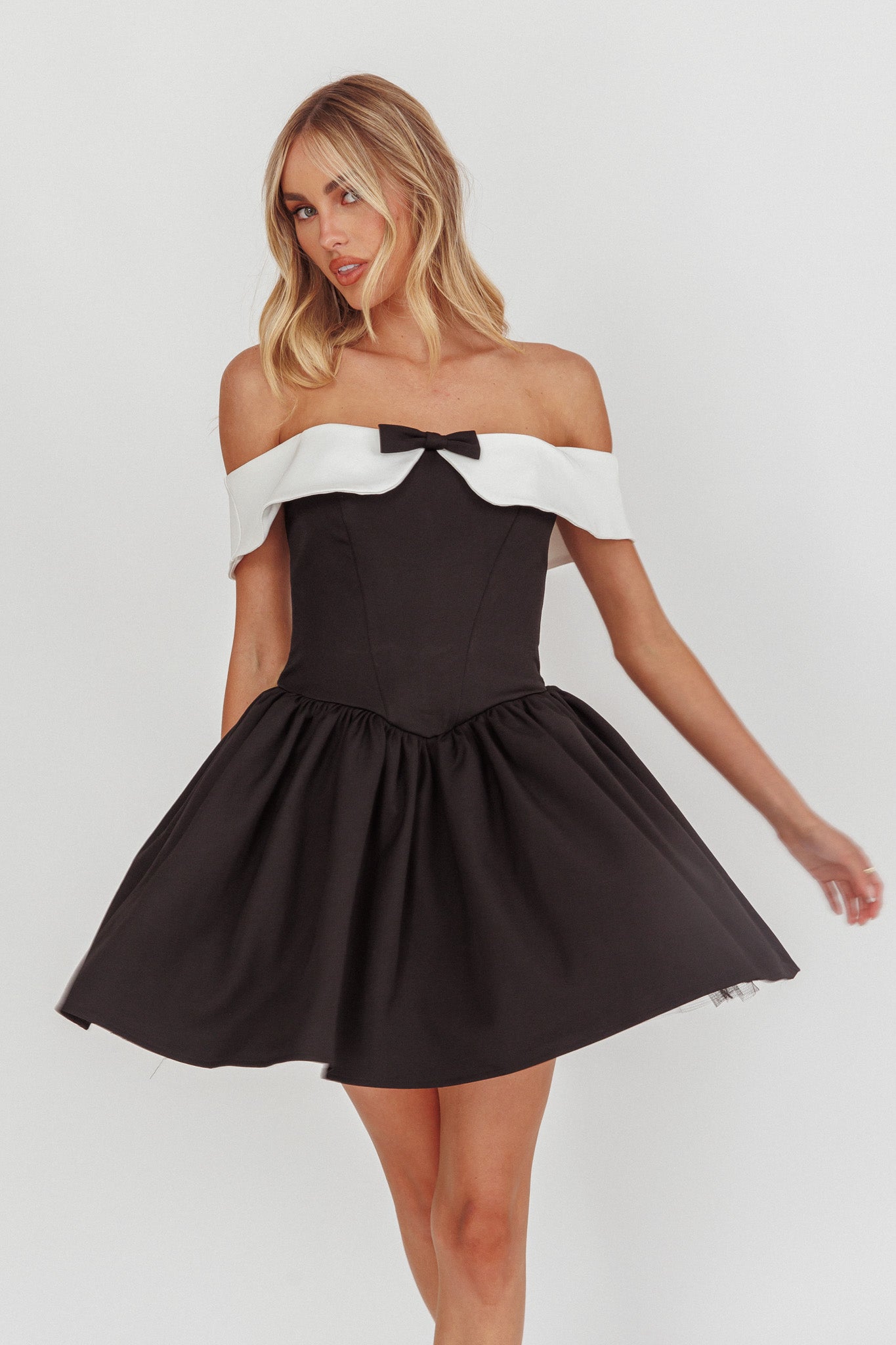 Grace Kelly Contrast Off-Shoulder Mini Dress Black by Selfie Leslie